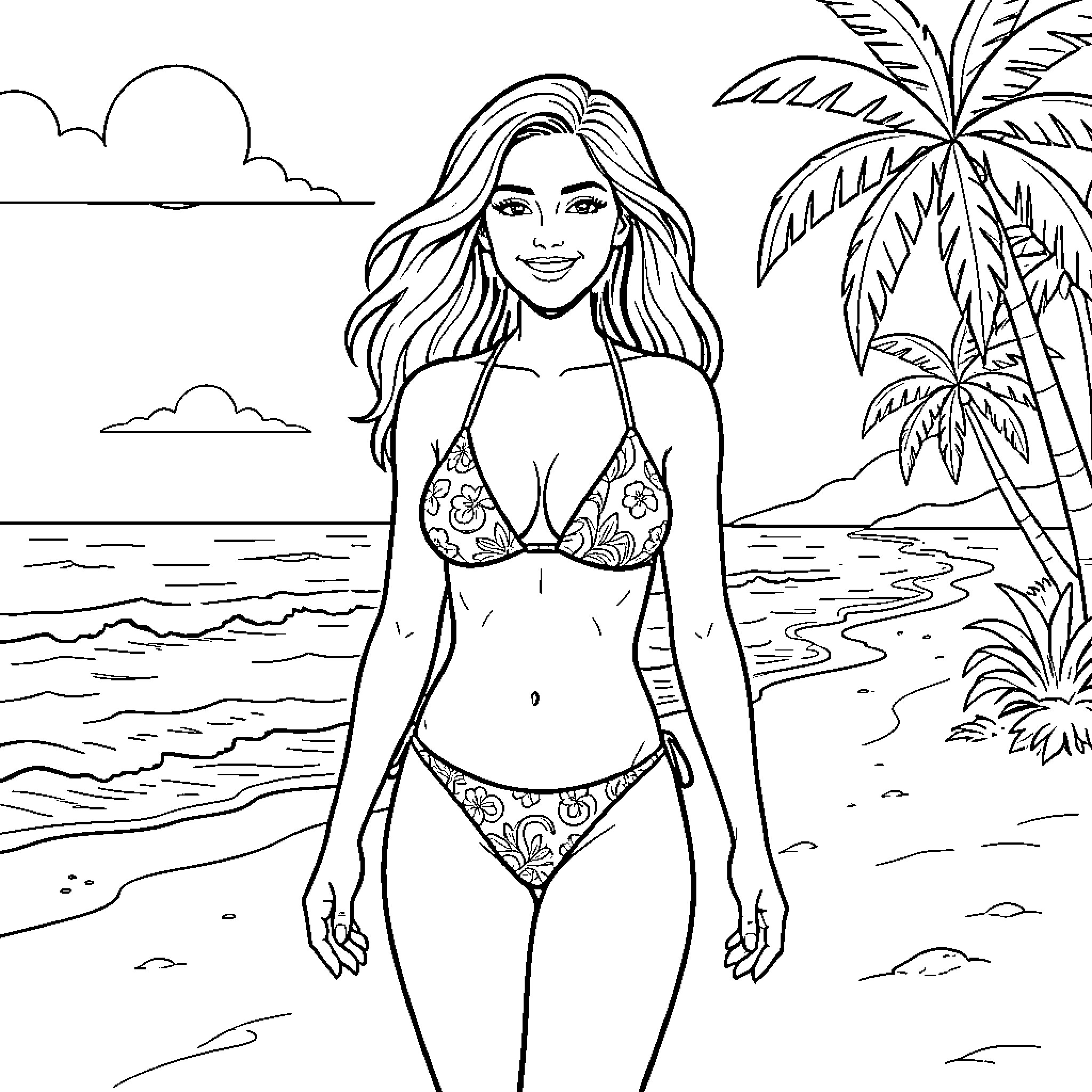 Woman smiling in a bikini on the beach Coloring Page (free black-and-white line drawing printable PDF for all, from beginners to advanced learners, including children, teens, adults, and seniors)