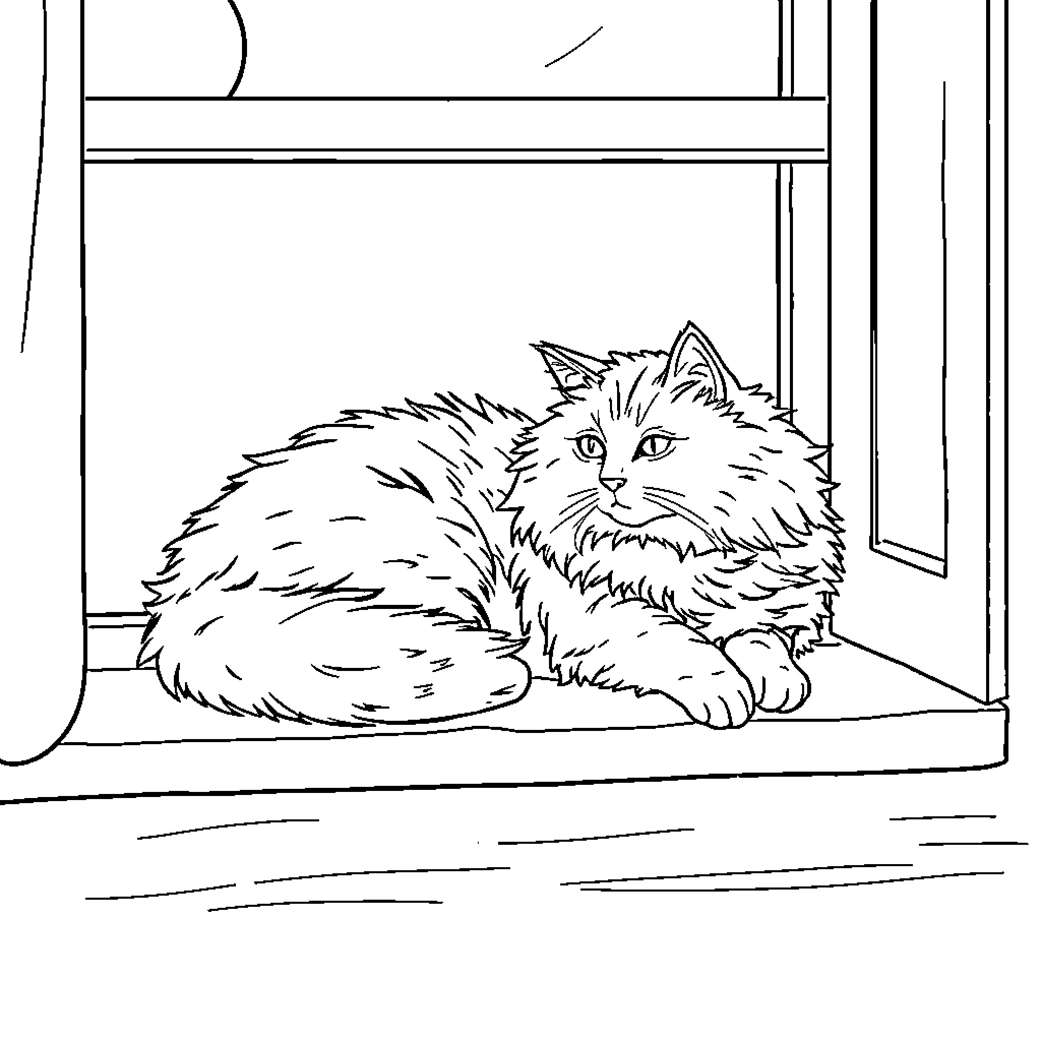 Cat relaxing on windowsill Coloring Page (free black-and-white line drawing printable PDF for all, from beginners to advanced learners, including children, teens, adults, and seniors)
