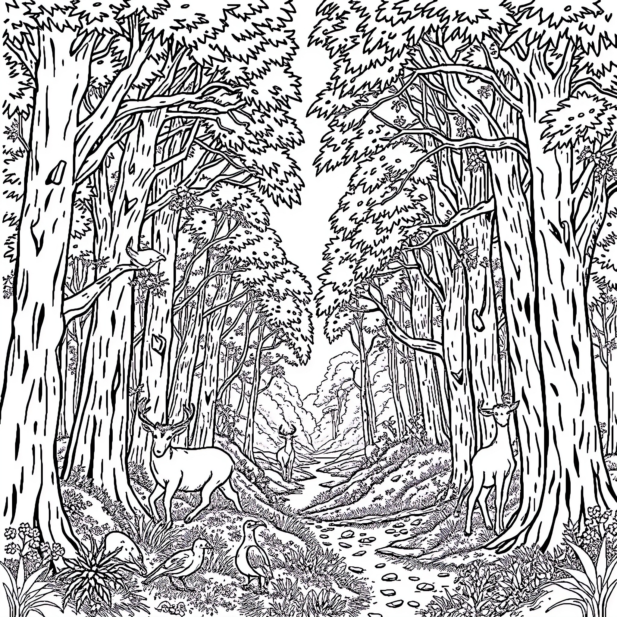 Forest path with deer in the wilderness Coloring Page (free black-and-white line drawing printable PDF for all, from beginners to advanced learners, including children, teens, adults, and seniors)