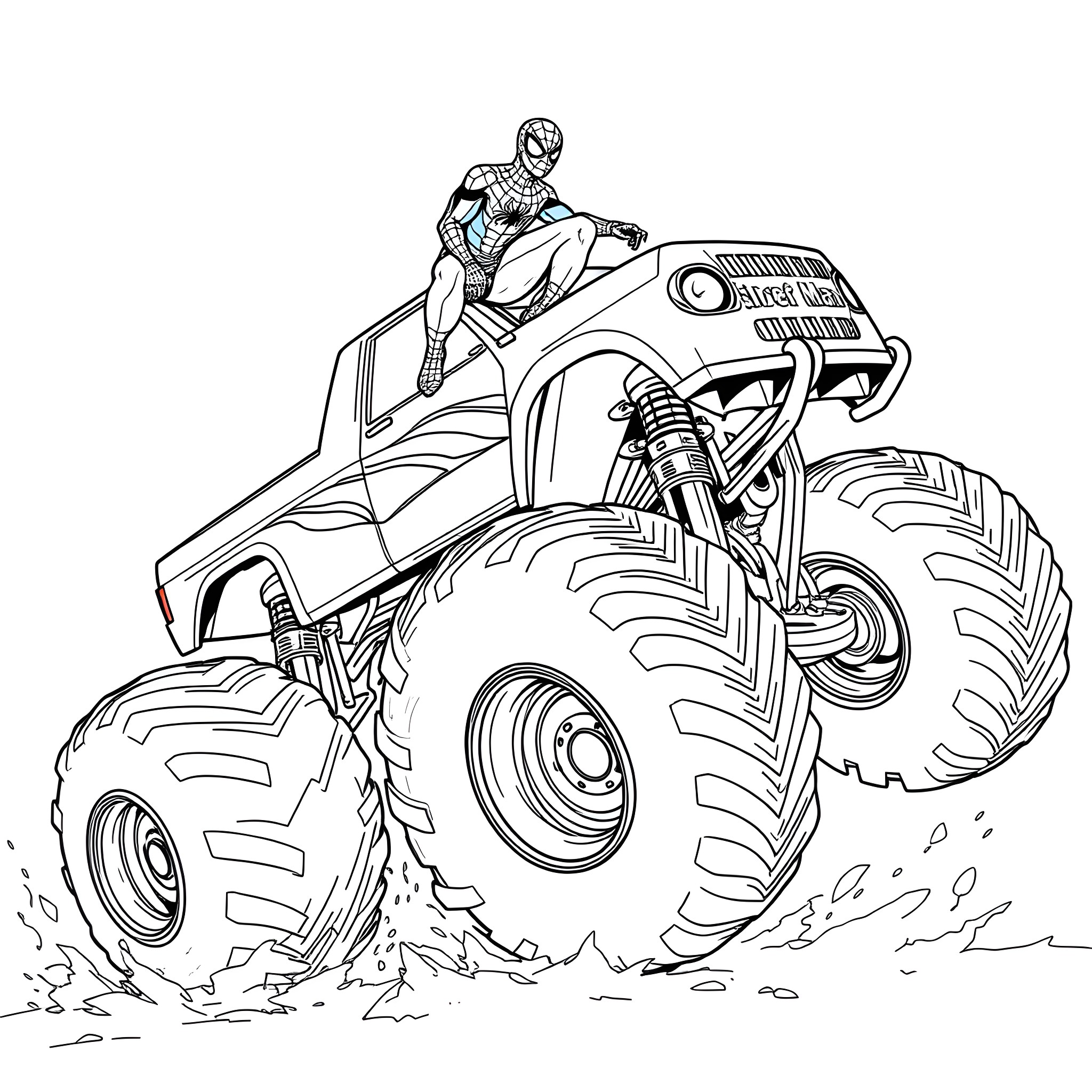 Spiderman riding a giant monster truck Coloring Page (free black-and-white line drawing printable PDF for all, from beginners to advanced learners, including children, teens, adults, and seniors)