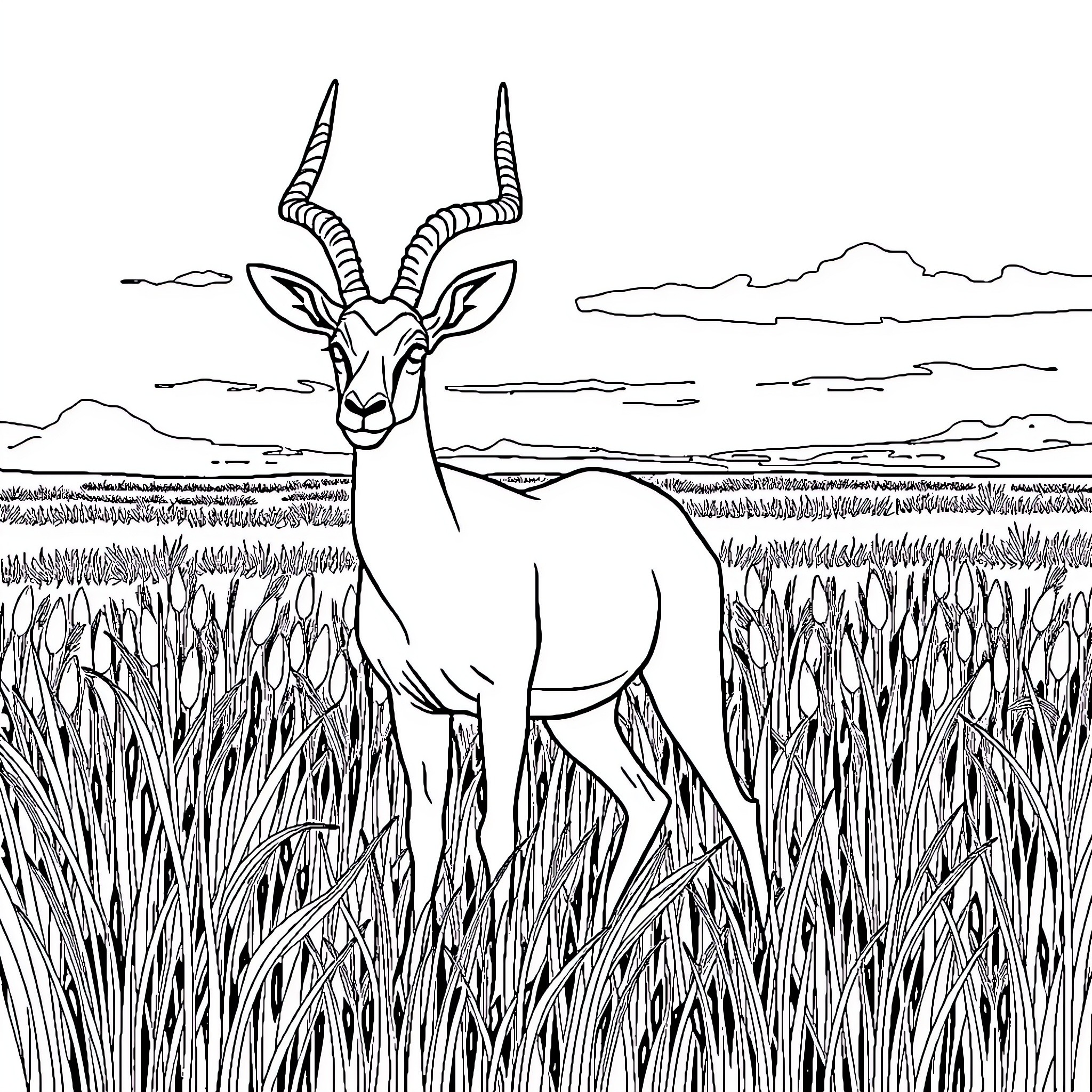 Antelope standing in tall grass Coloring Page (free black-and-white line drawing printable PDF for all, from beginners to advanced learners, including children, teens, adults, and seniors)
