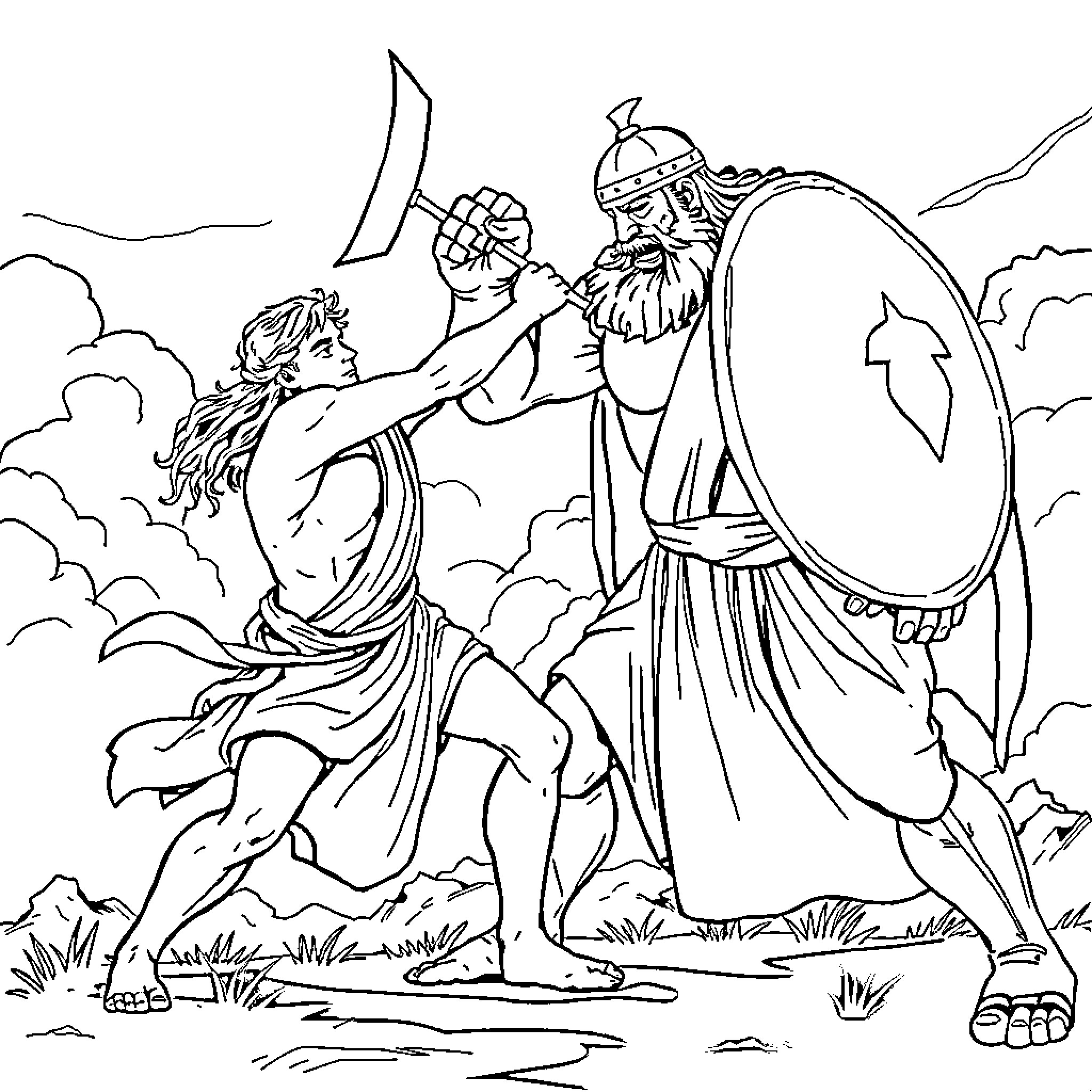 David Fights the Mighty Goliath in Epic Showdown Coloring Page (free black-and-white line drawing printable PDF for all, from beginners to advanced learners, including children, teens, adults, and seniors)