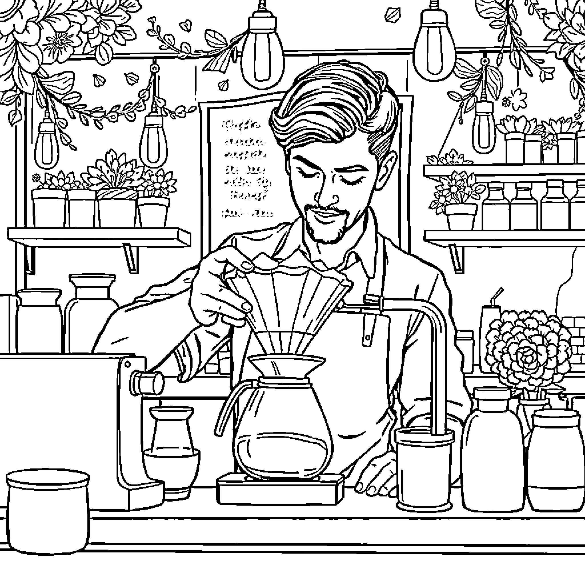 Barista preparing a beverage in a cozy cafe setting Coloring Page (free black-and-white line drawing printable PDF for all, from beginners to advanced learners, including children, teens, adults, and seniors)