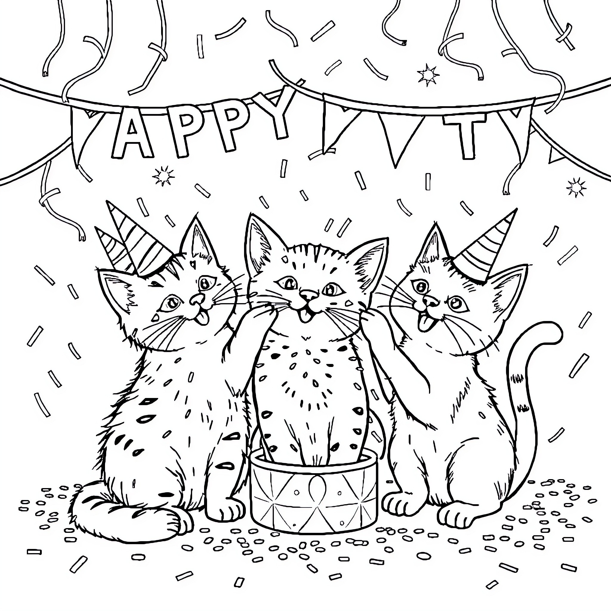 Cats celebrating a happy party Coloring Page (free black-and-white line drawing printable PDF for all, from beginners to advanced learners, including children, teens, adults, and seniors)