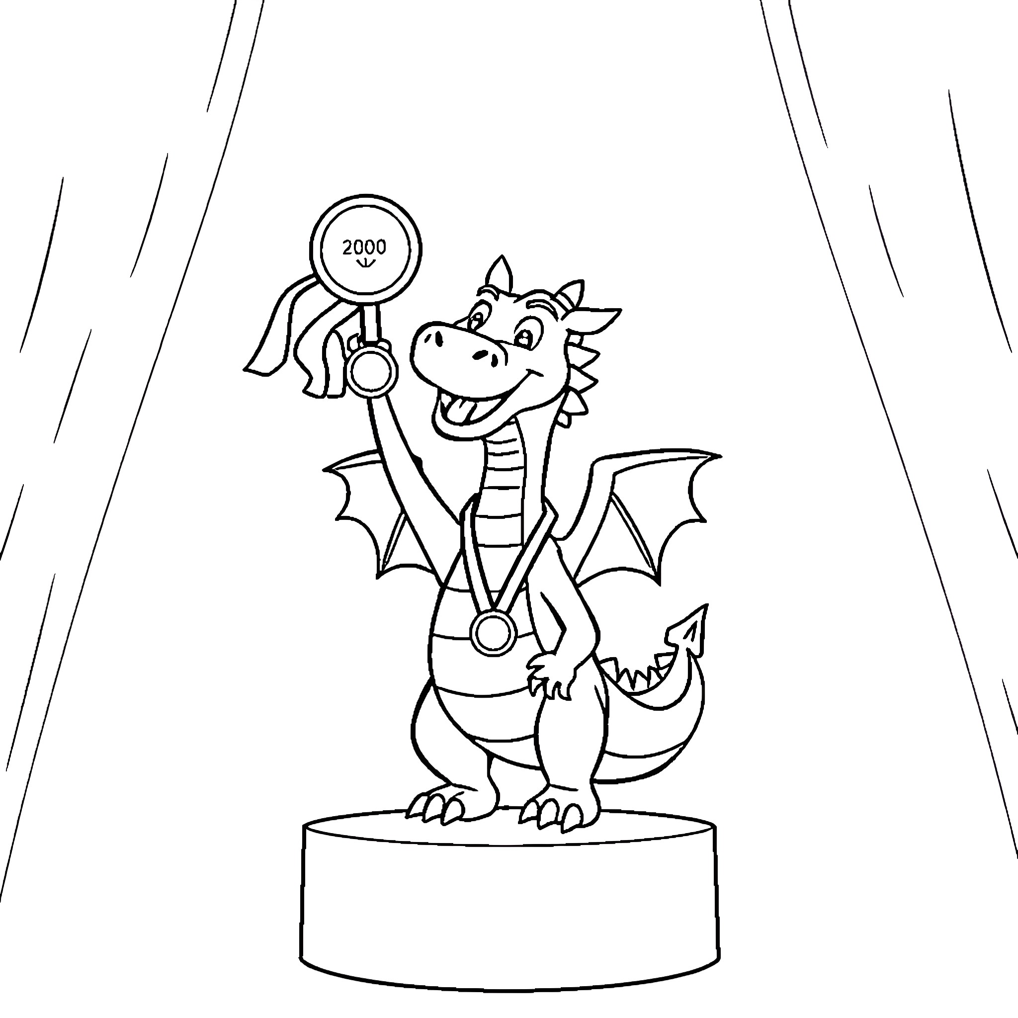 Dragon showcasing prize on podium Coloring Page (free black-and-white line drawing printable PDF for all, from beginners to advanced learners, including children, teens, adults, and seniors)