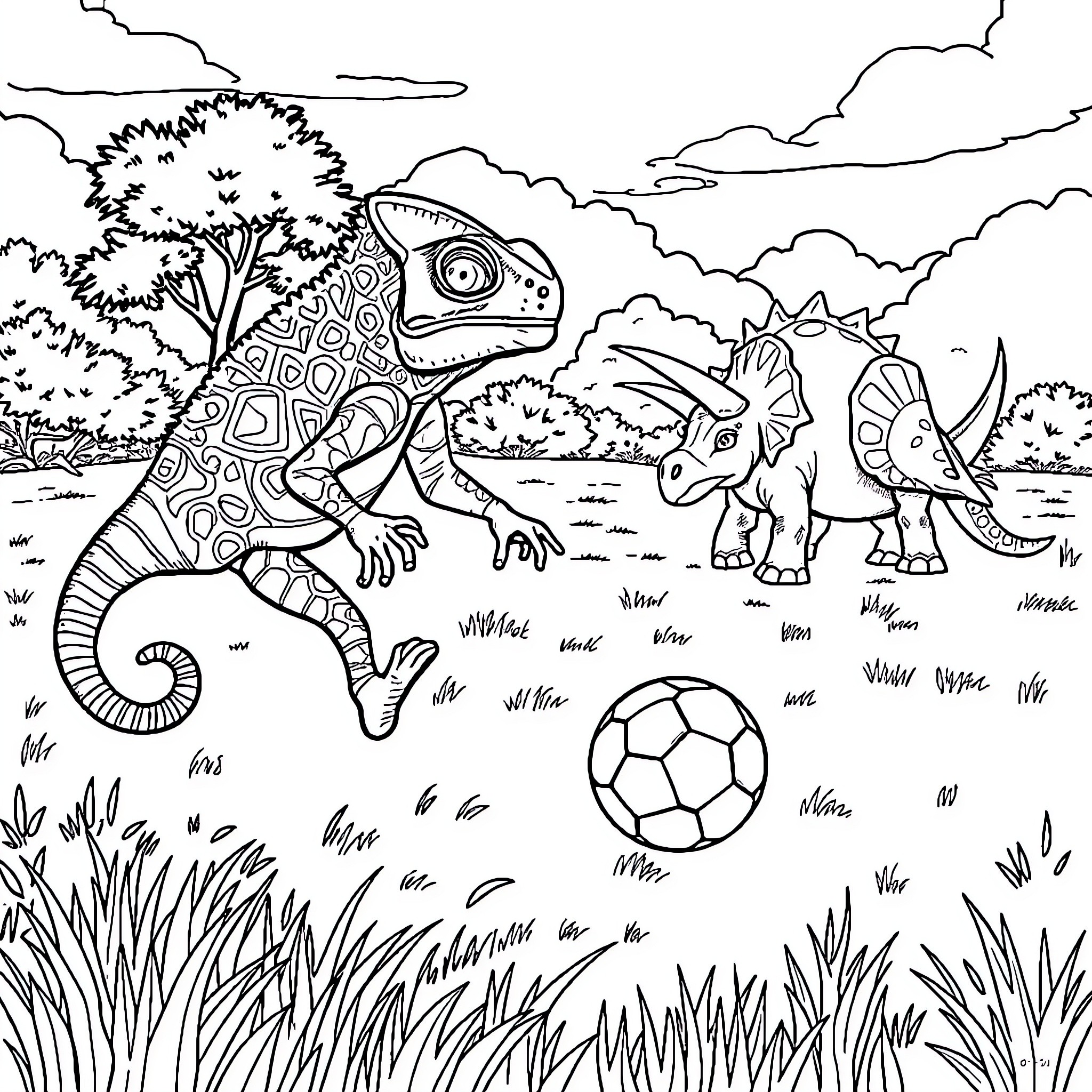 Chameleon and Dinosaurs Playing Soccer in Lush Landscape Coloring Page (free black-and-white line drawing printable PDF for all, from beginners to advanced learners, including children, teens, adults, and seniors)