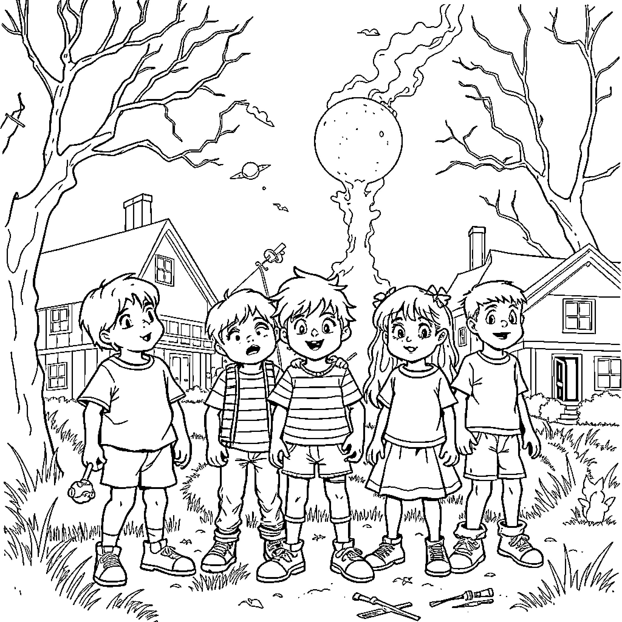 Stranger Things: Kids in Spooky Neighborhood Coloring Page (free black-and-white line drawing printable PDF for all, from beginners to advanced learners, including children, teens, adults, and seniors)