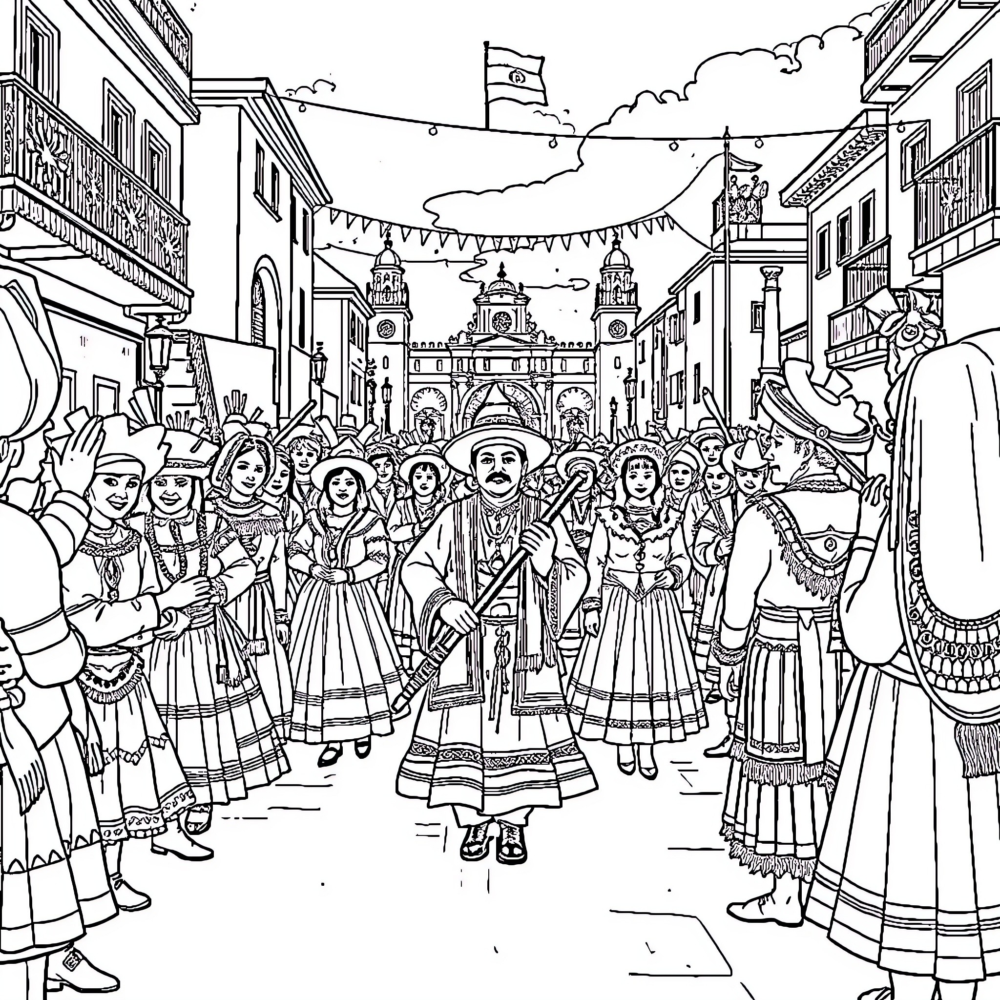 Bolivia Street Parade with Diverse Traditional Attire Coloring Page (free black-and-white line drawing printable PDF for all, from beginners to advanced learners, including children, teens, adults, and seniors)