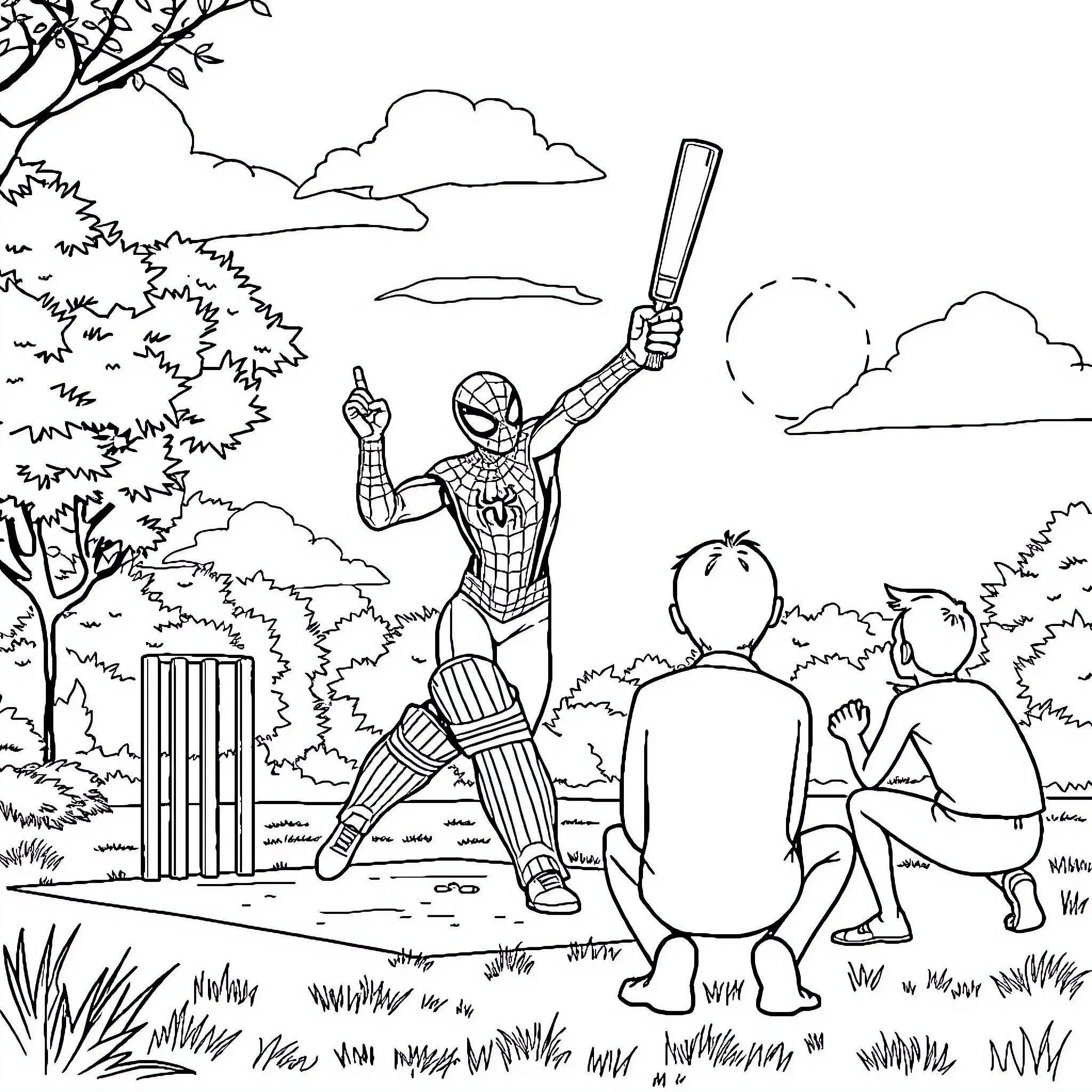 Spiderman swinging and posing for young fans in the park Coloring Page (free black-and-white line drawing printable PDF for all, from beginners to advanced learners, including children, teens, adults, and seniors)