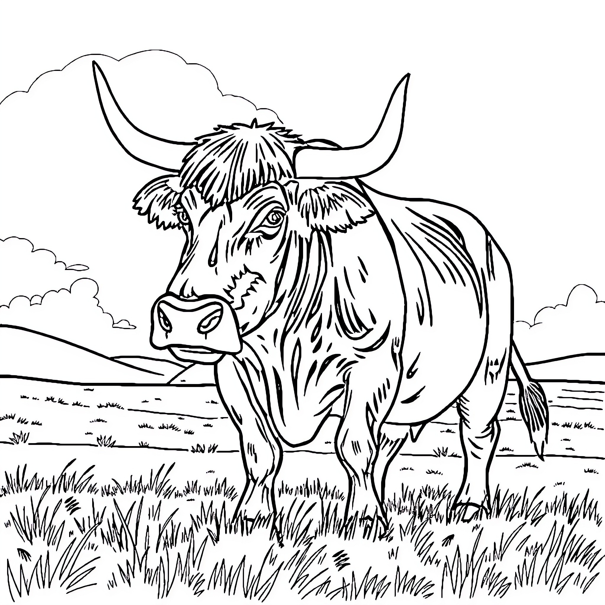 Bull staring intensely in grassy field Coloring Page (free black-and-white line drawing printable PDF for all, from beginners to advanced learners, including children, teens, adults, and seniors)