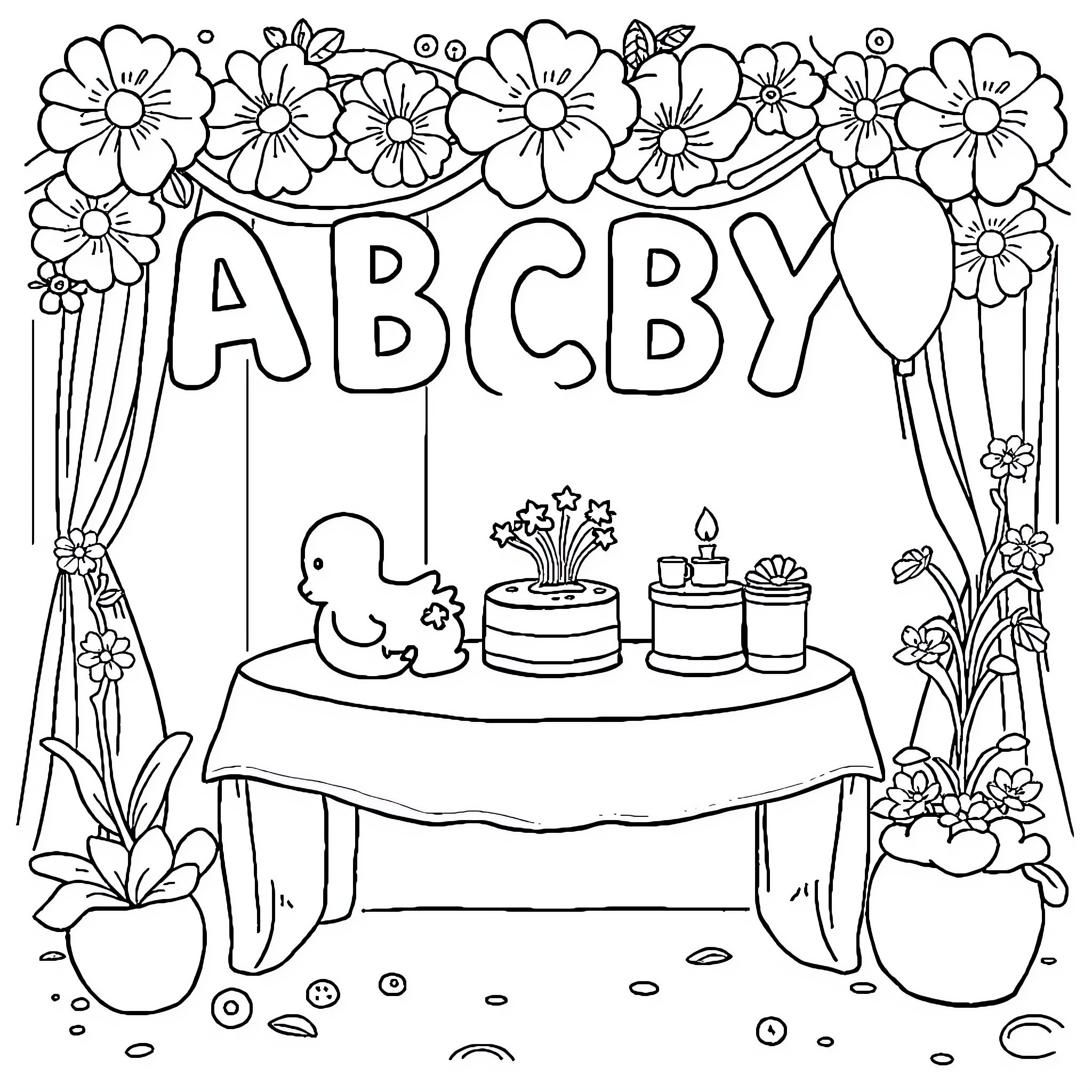 ABC Birthday party with flowers and decorations Coloring Page (free black-and-white line drawing printable PDF for all, from beginners to advanced learners, including children, teens, adults, and seniors)