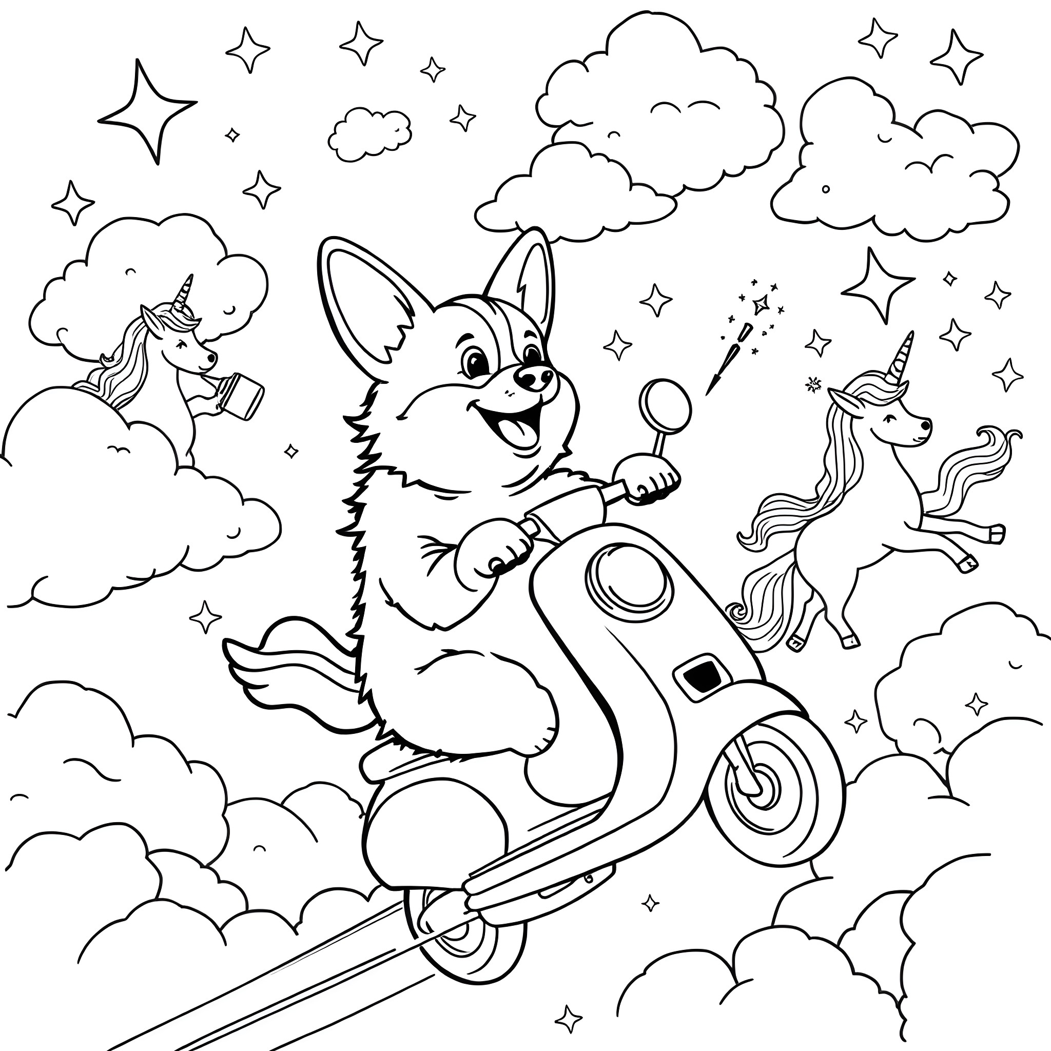 Corgi riding a scooter among clouds and unicorns Coloring Page (free black-and-white line drawing printable PDF for all, from beginners to advanced learners, including children, teens, adults, and seniors)