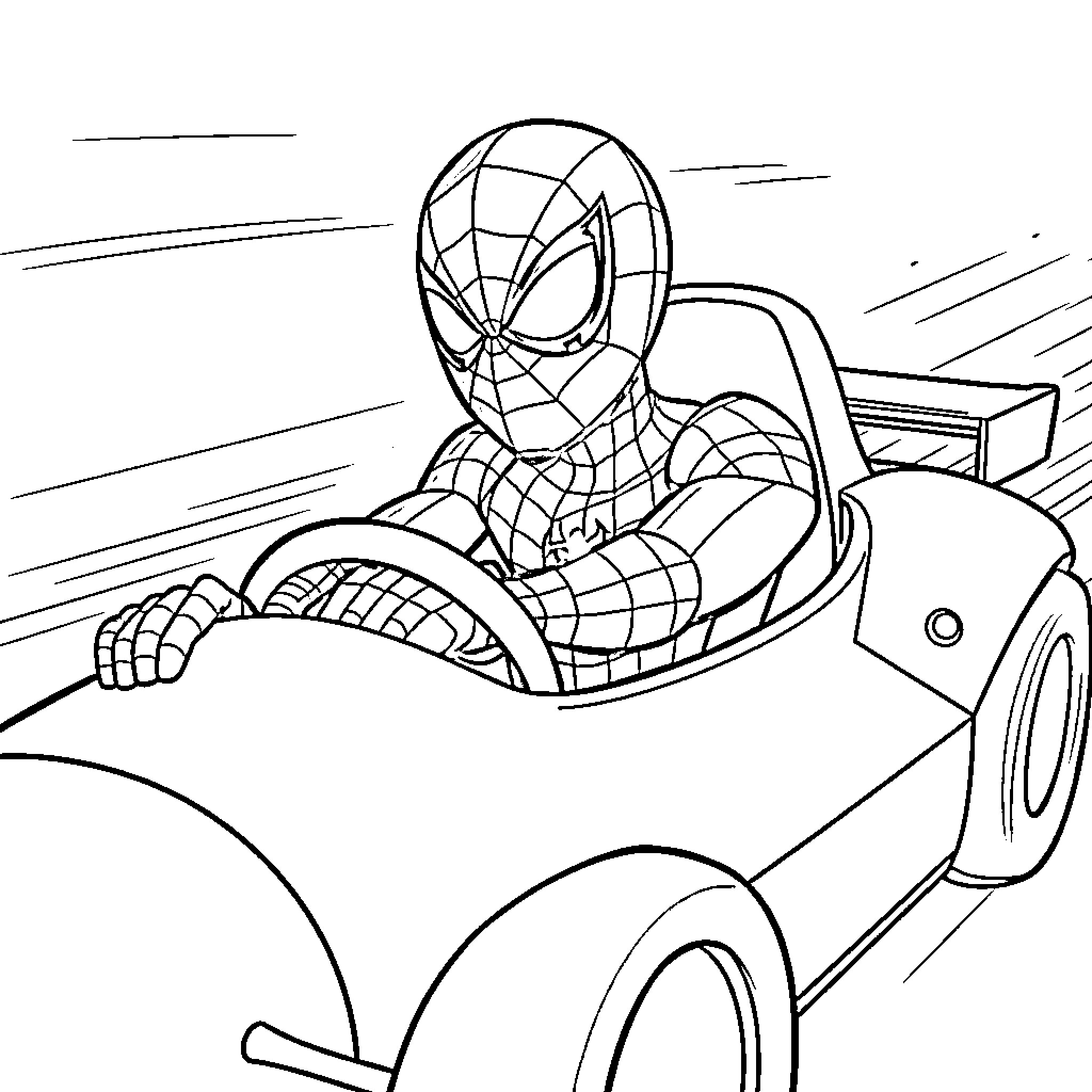 Spiderman driving a fast car Coloring Page (free black-and-white line drawing printable PDF for all, from beginners to advanced learners, including children, teens, adults, and seniors)