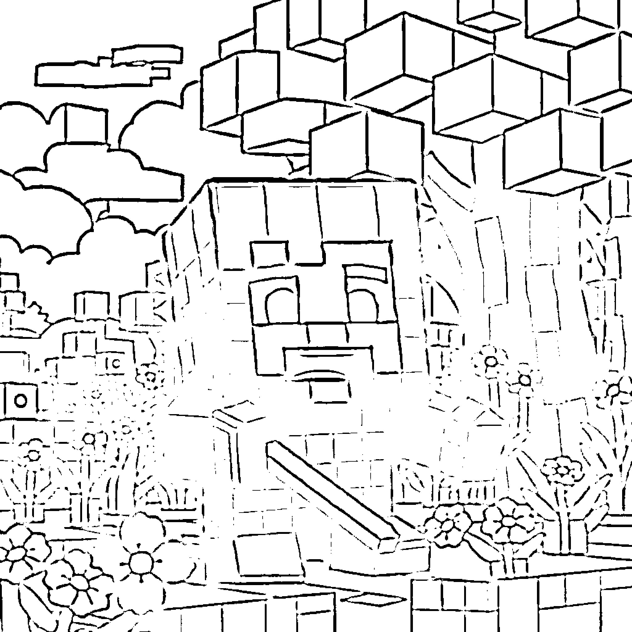 Jack Black explores the abstract cityscape in a black and white sketch Coloring Page (free black-and-white line drawing printable PDF for all, from beginners to advanced learners, including children, teens, adults, and seniors)