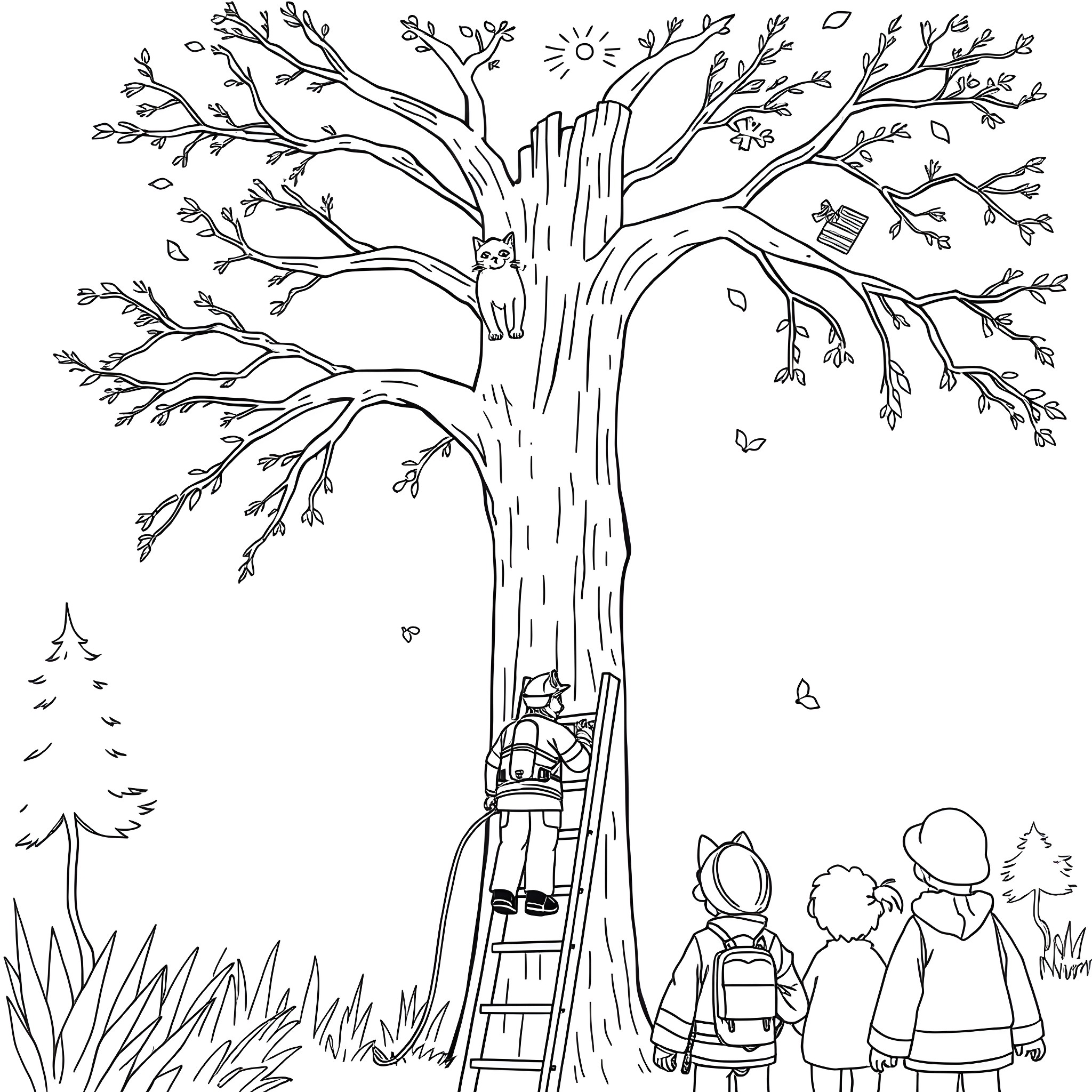 Firefighter rescuing cat from tall tree in autumn Coloring Page (free black-and-white line drawing printable PDF for all, from beginners to advanced learners, including children, teens, adults, and seniors)