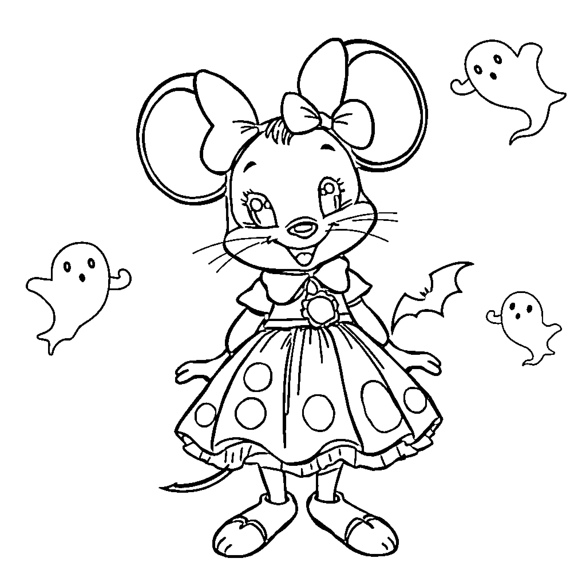 Minnie Mouse in Halloween costume with ghostly friends Coloring Page (free black-and-white line drawing printable PDF for all, from beginners to advanced learners, including children, teens, adults, and seniors)