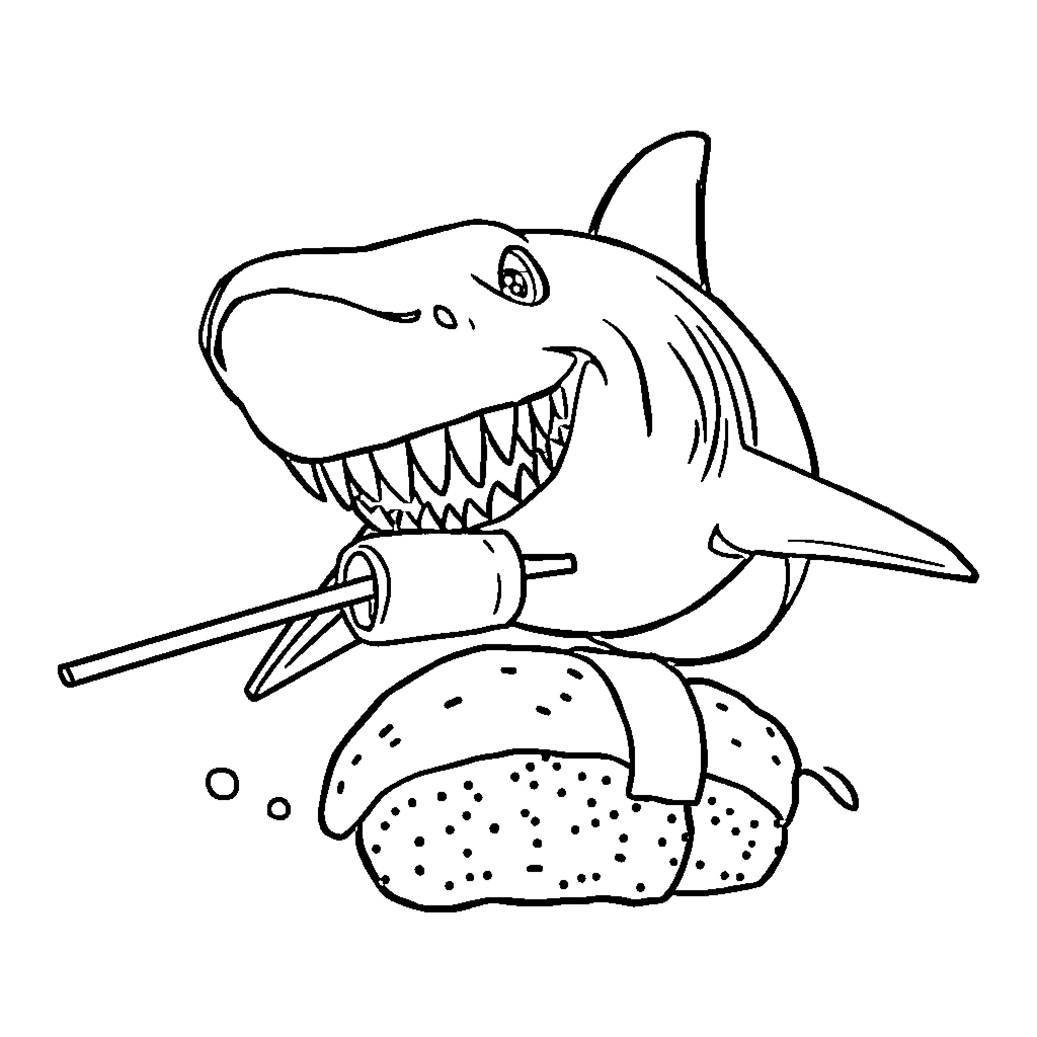 Shark enjoying a hotdog at the beach Coloring Page (free black-and-white line drawing printable PDF for all, from beginners to advanced learners, including children, teens, adults, and seniors)