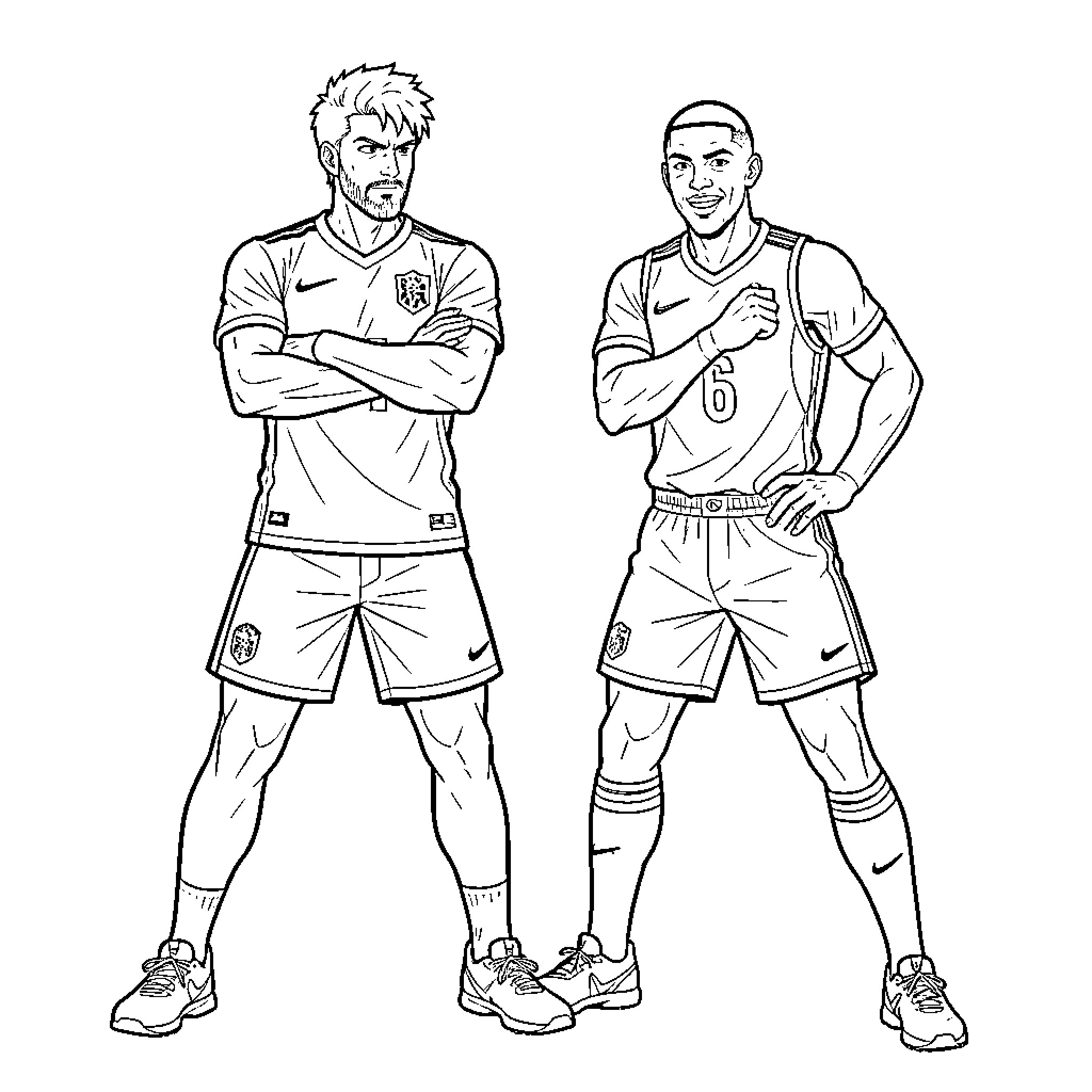 Sangoku standing confidently in soccer uniforms Coloring Page (free black-and-white line drawing printable PDF for all, from beginners to advanced learners, including children, teens, adults, and seniors)