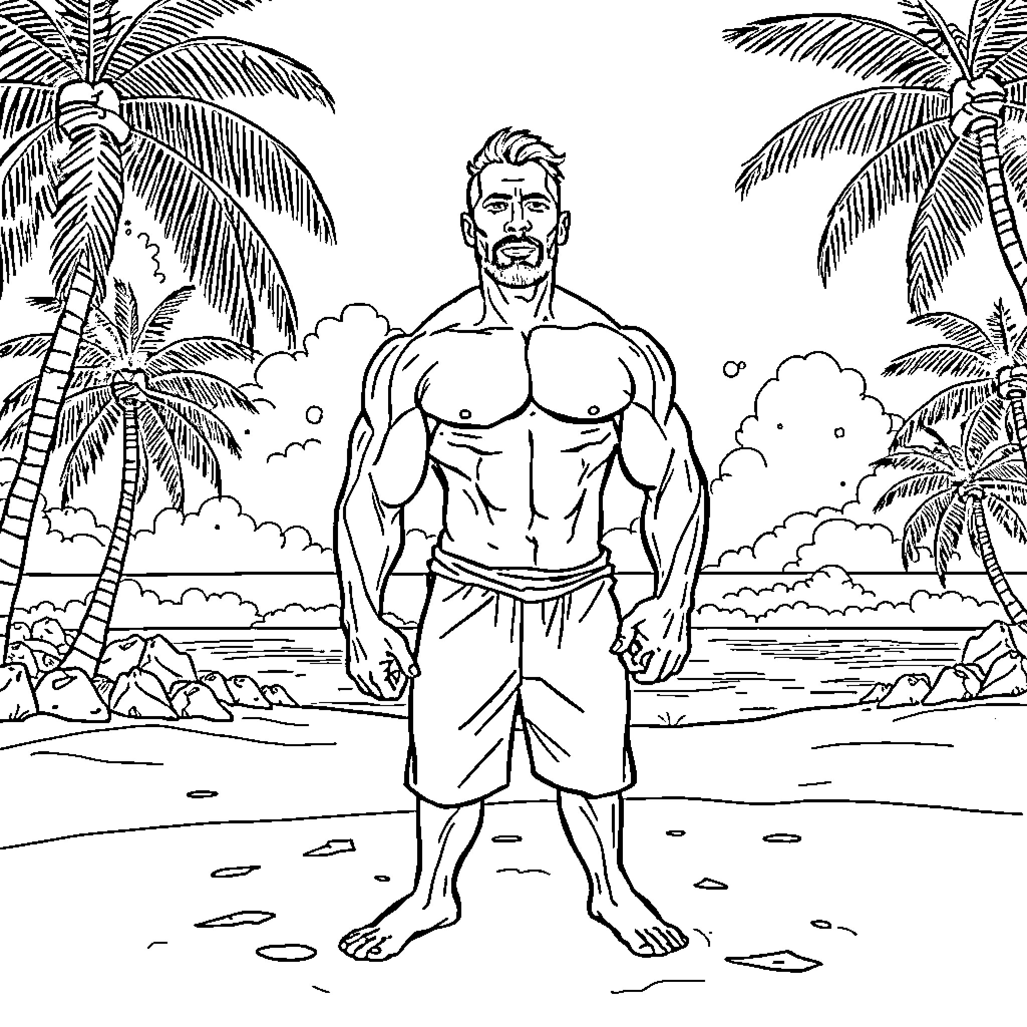 Aesop's Muscular Beachside Figure Coloring Page (free black-and-white line drawing printable PDF for all, from beginners to advanced learners, including children, teens, adults, and seniors)