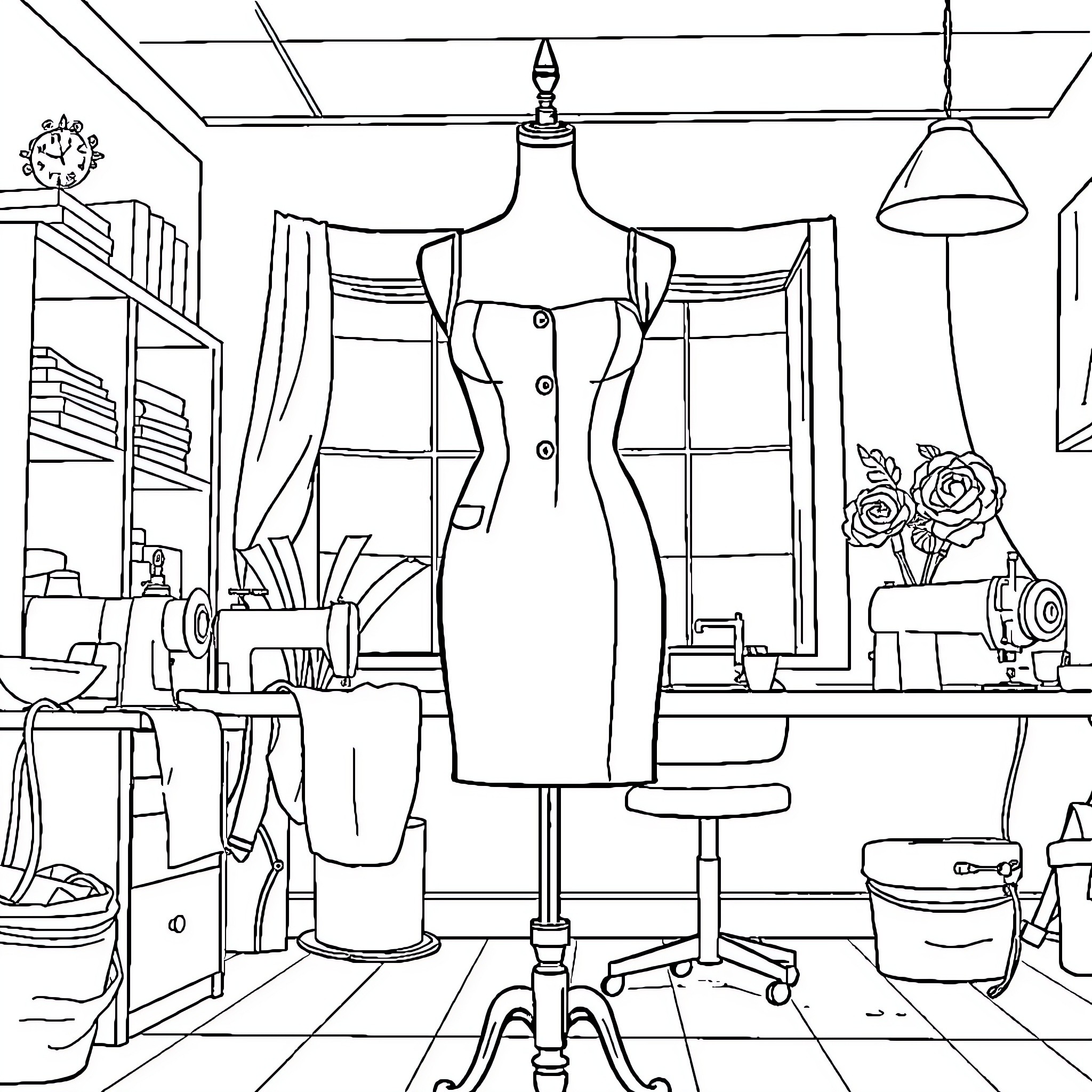 Mannequin in a Sewing Studio Coloring Page (free black-and-white line drawing printable PDF for all, from beginners to advanced learners, including children, teens, adults, and seniors)