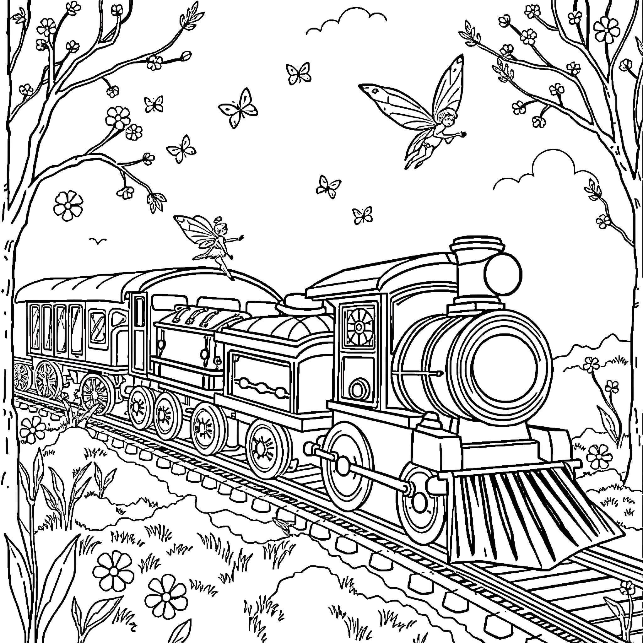 Fairy train journeying through flowery landscape Coloring Page (free black-and-white line drawing printable PDF for all, from beginners to advanced learners, including children, teens, adults, and seniors)