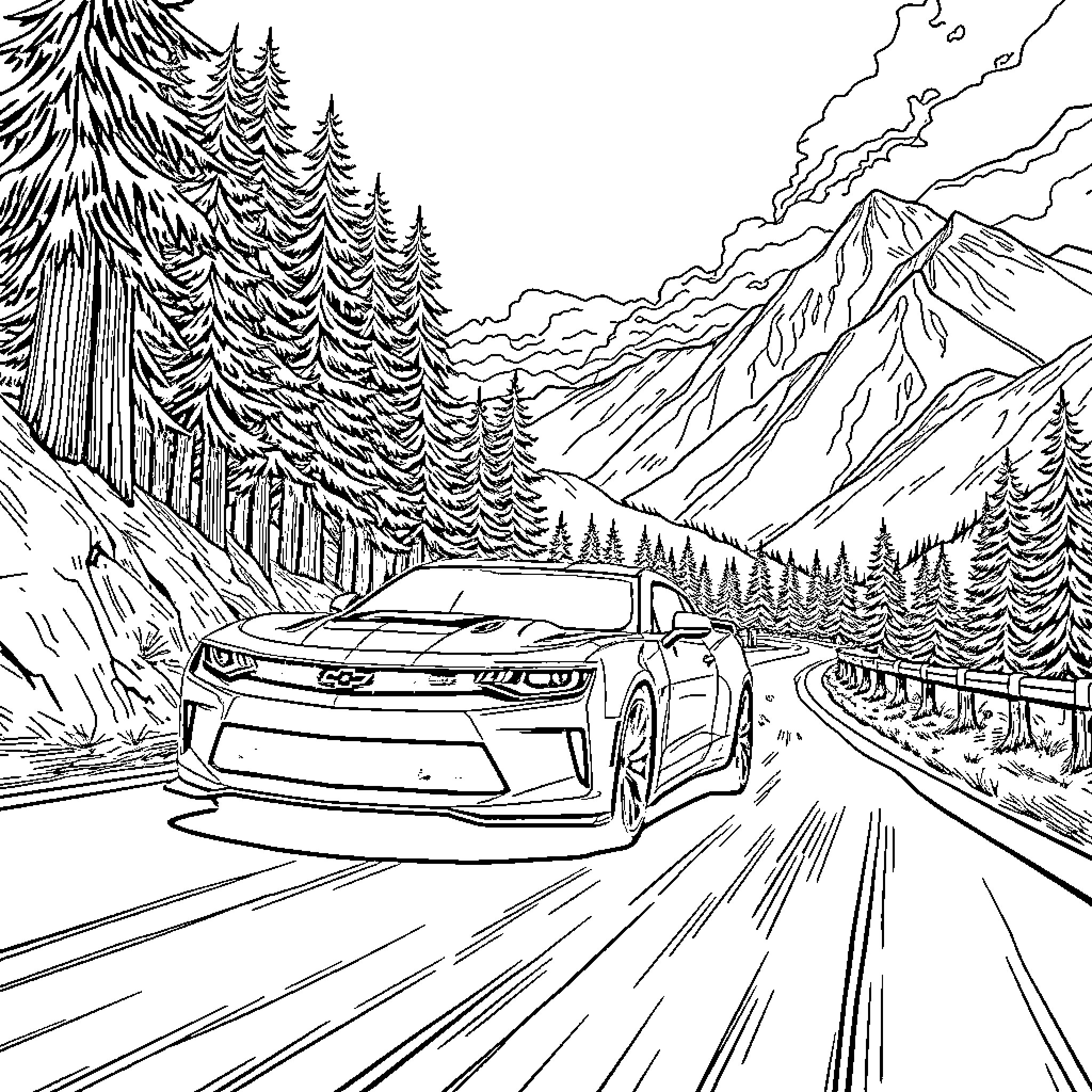 Chevrolet Camaro speeding through scenic mountain landscape Coloring Page (free black-and-white line drawing printable PDF for all, from beginners to advanced learners, including children, teens, adults, and seniors)