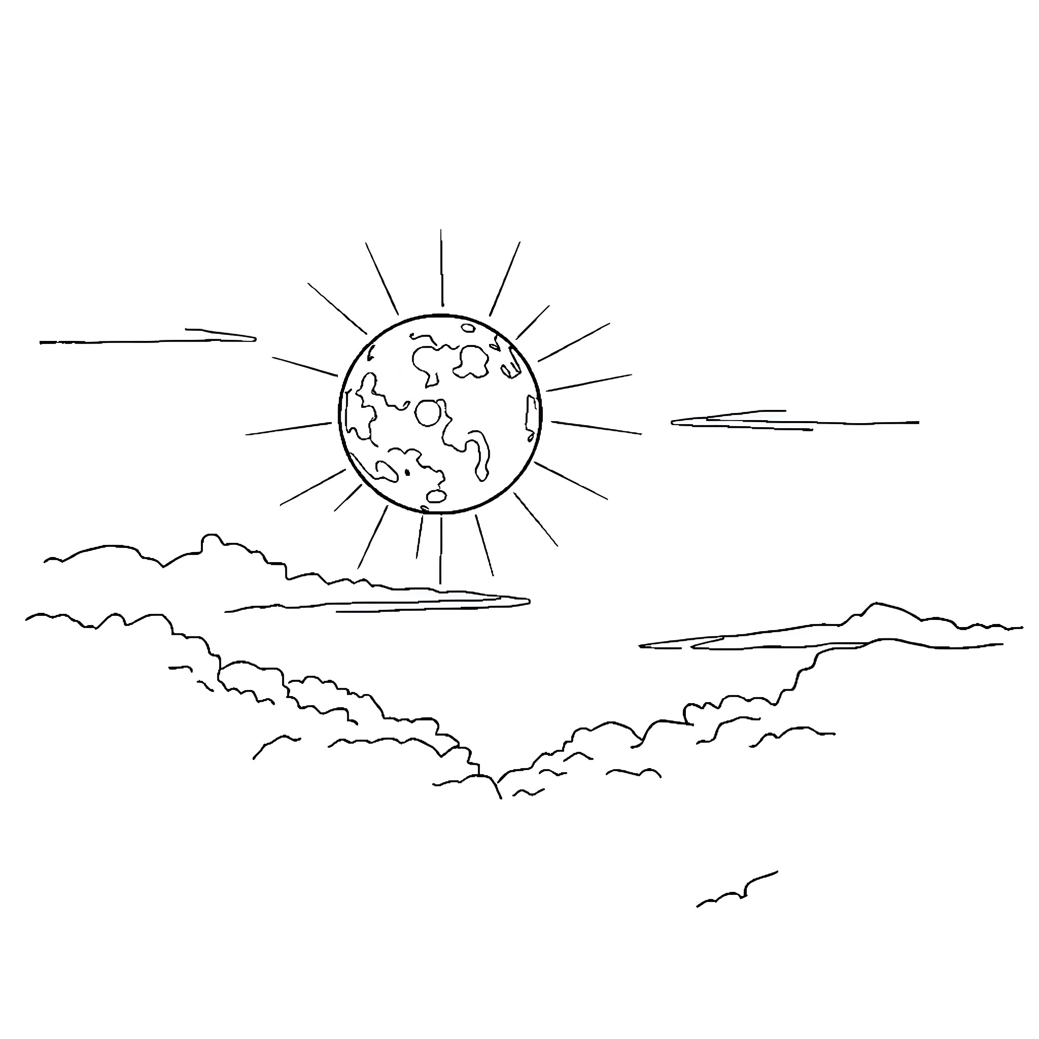 Moon shining over cloudy skies Coloring Page (free black-and-white line drawing printable PDF for all, from beginners to advanced learners, including children, teens, adults, and seniors)