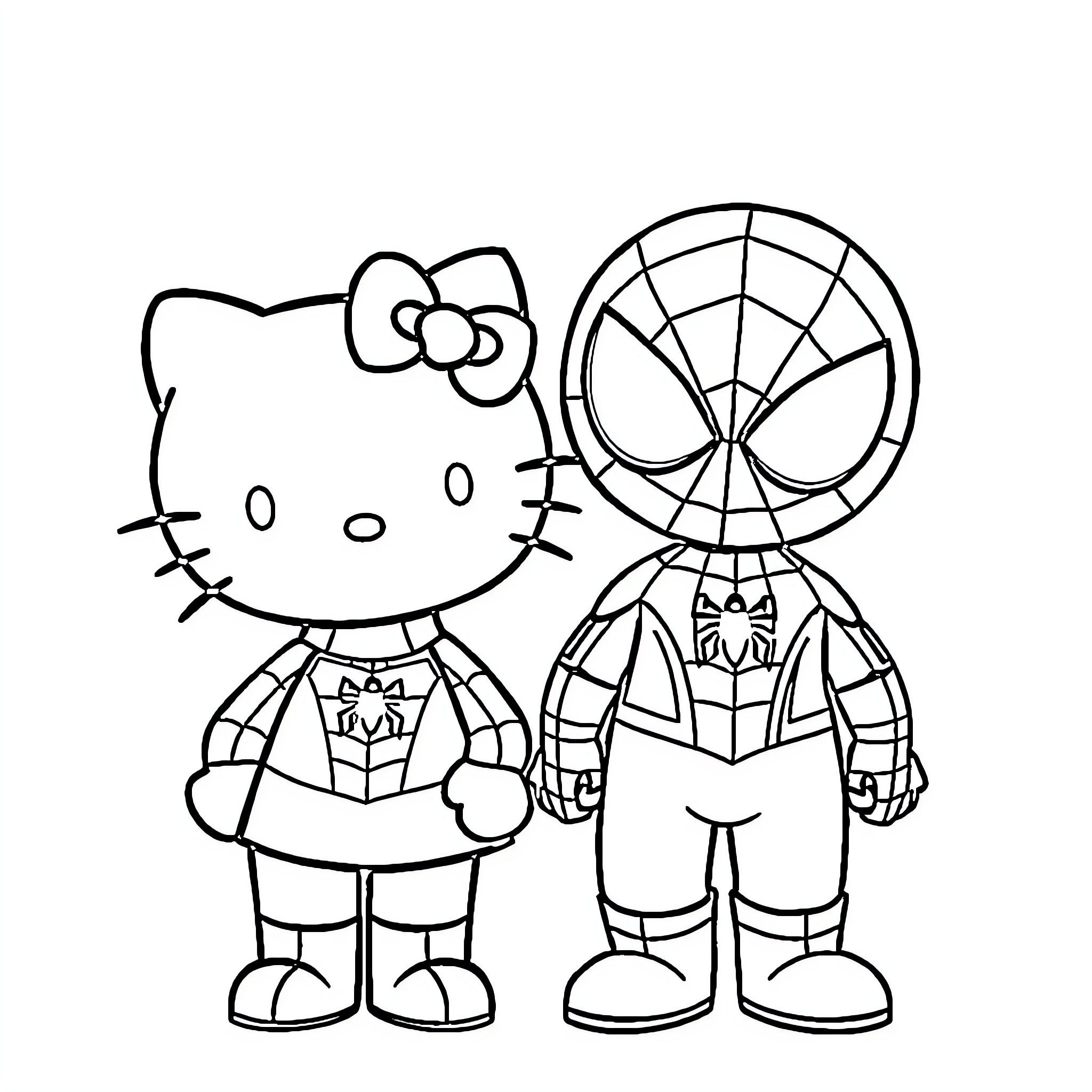 Hello Kitty as a Superhero Coloring Page (free black-and-white line drawing printable PDF for all, from beginners to advanced learners, including children, teens, adults, and seniors)