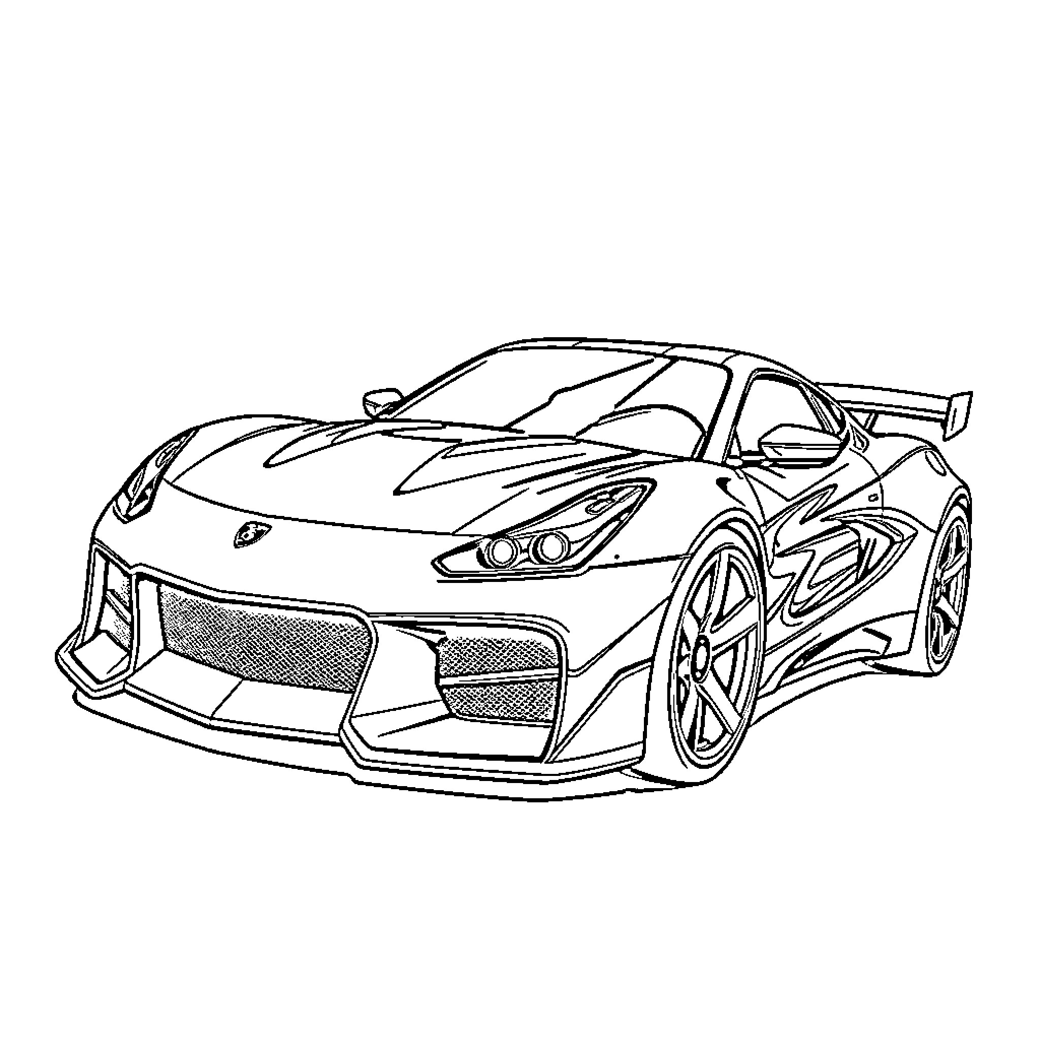 Hot Wheels race car with stylized design Coloring Page (free black-and-white line drawing printable PDF for all, from beginners to advanced learners, including children, teens, adults, and seniors)