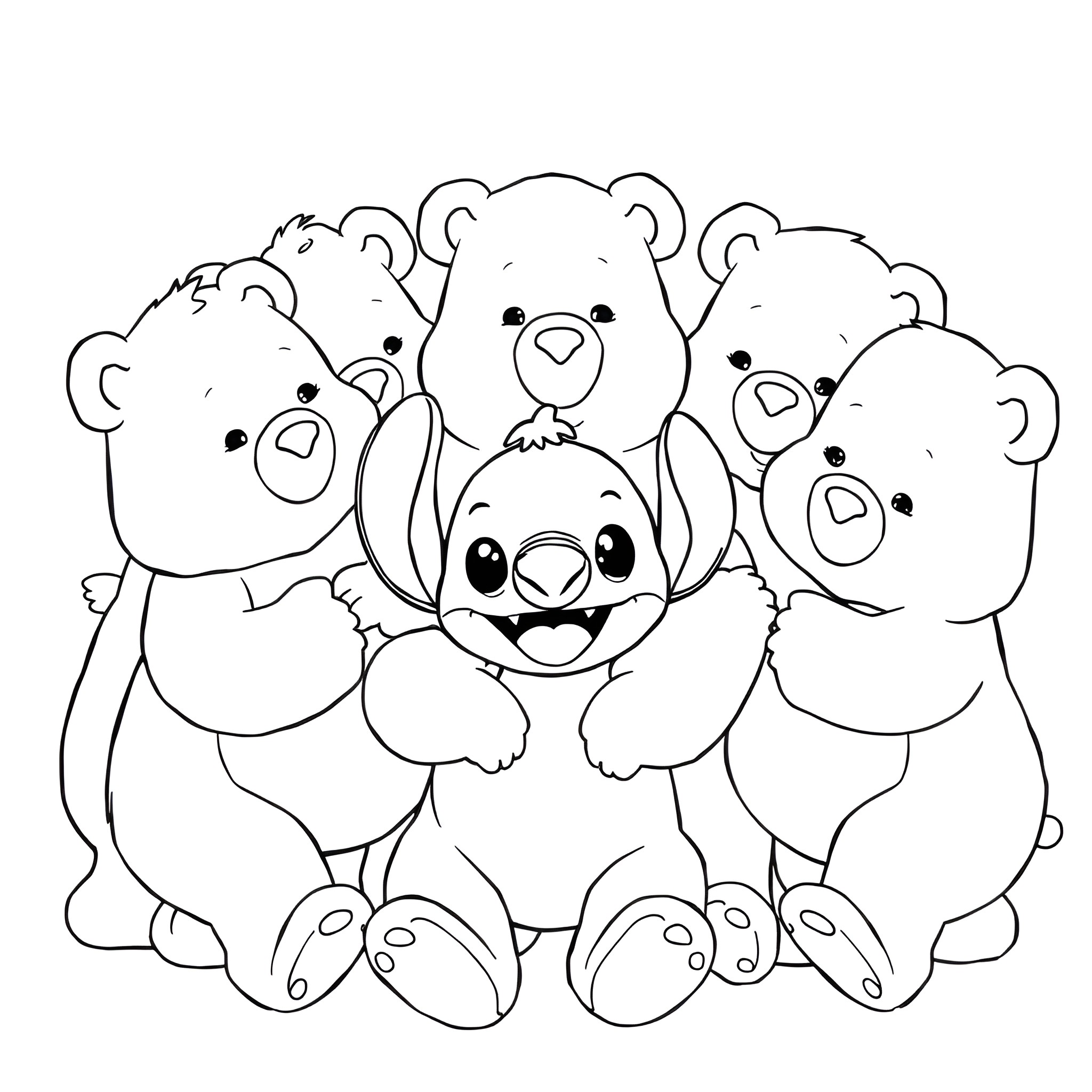 Care Bear group enjoying each other's company Coloring Page (free black-and-white line drawing printable PDF for all, from beginners to advanced learners, including children, teens, adults, and seniors)