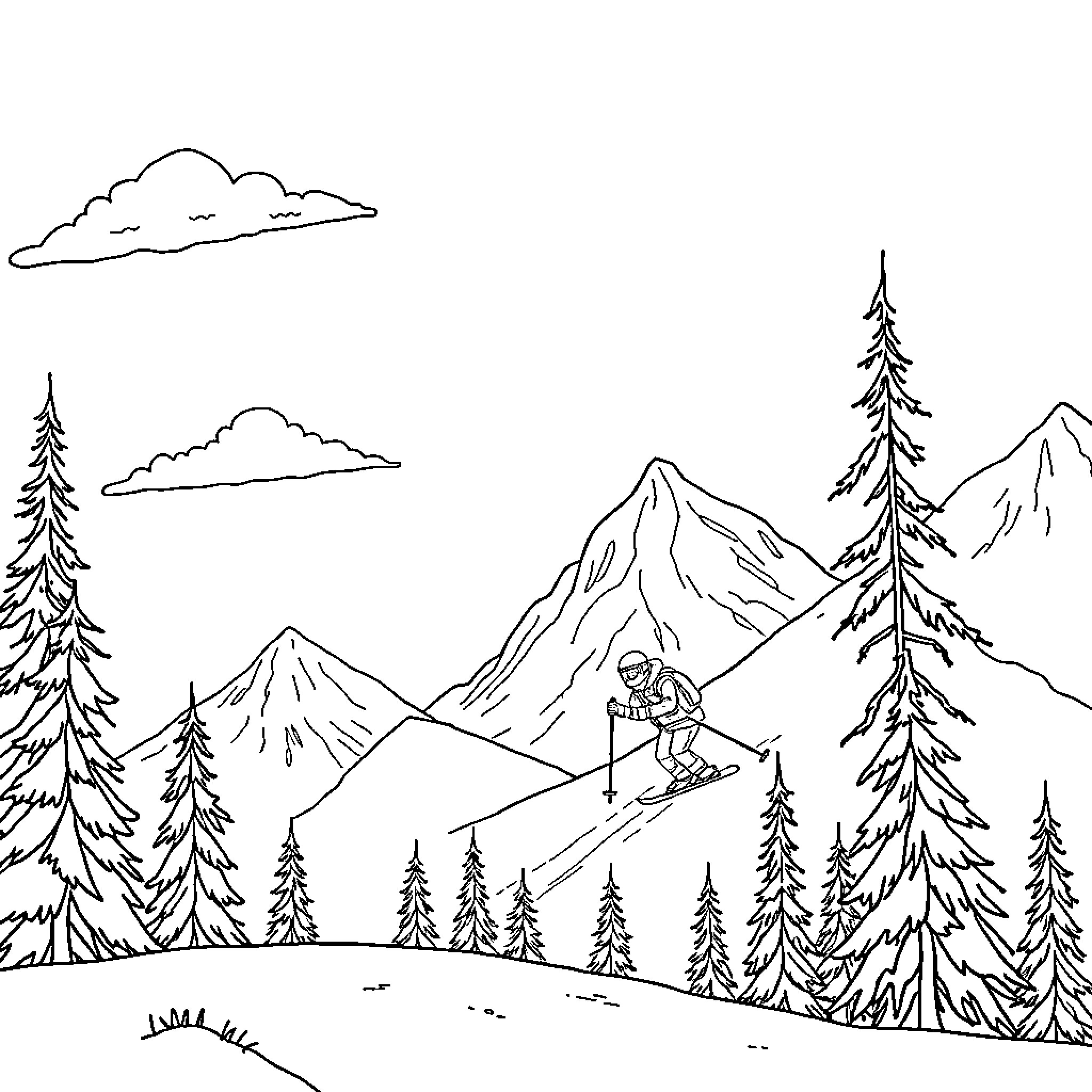 Huntrix skiing down snowy mountain slopes Coloring Page (free black-and-white line drawing printable PDF for all, from beginners to advanced learners, including children, teens, adults, and seniors)