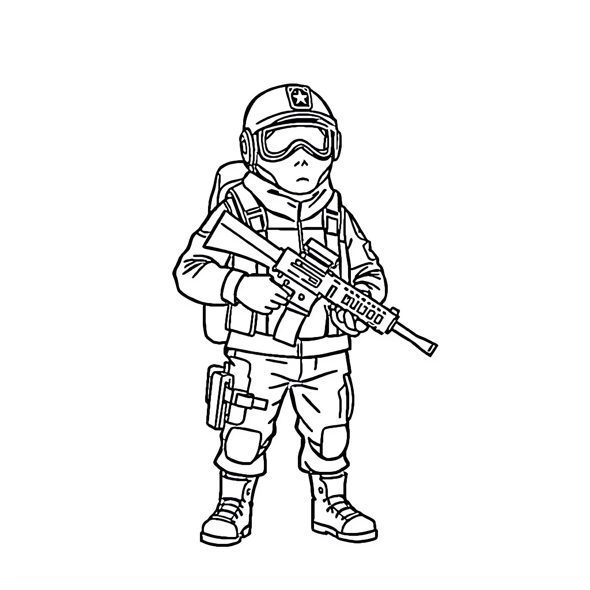 Soldier in combat gear with assault rifle Coloring Page (free black-and-white line drawing printable PDF for all, from beginners to advanced learners, including children, teens, adults, and seniors)