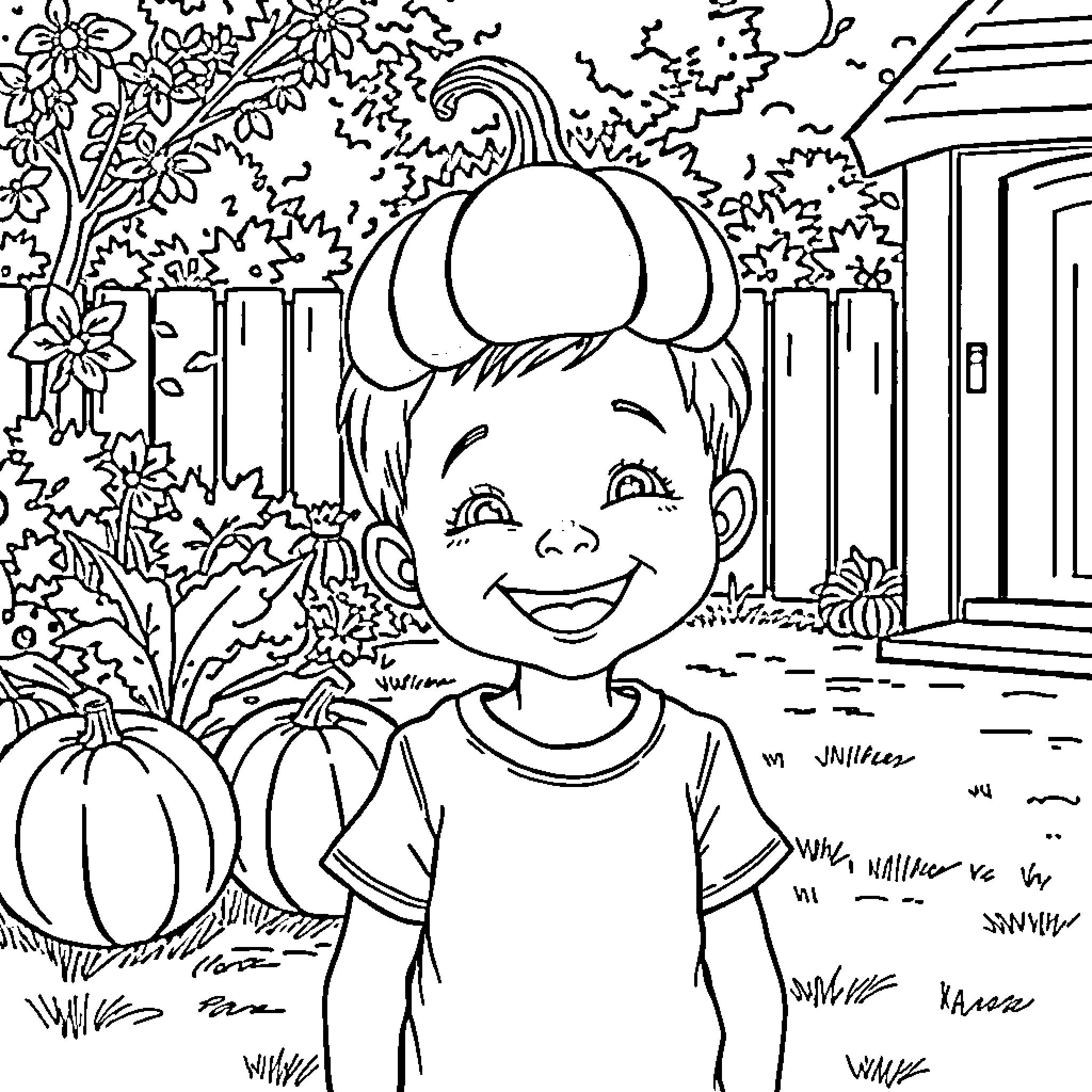 Child Playing in Autumn Landscape Coloring Page (free black-and-white line drawing printable PDF for all, from beginners to advanced learners, including children, teens, adults, and seniors)