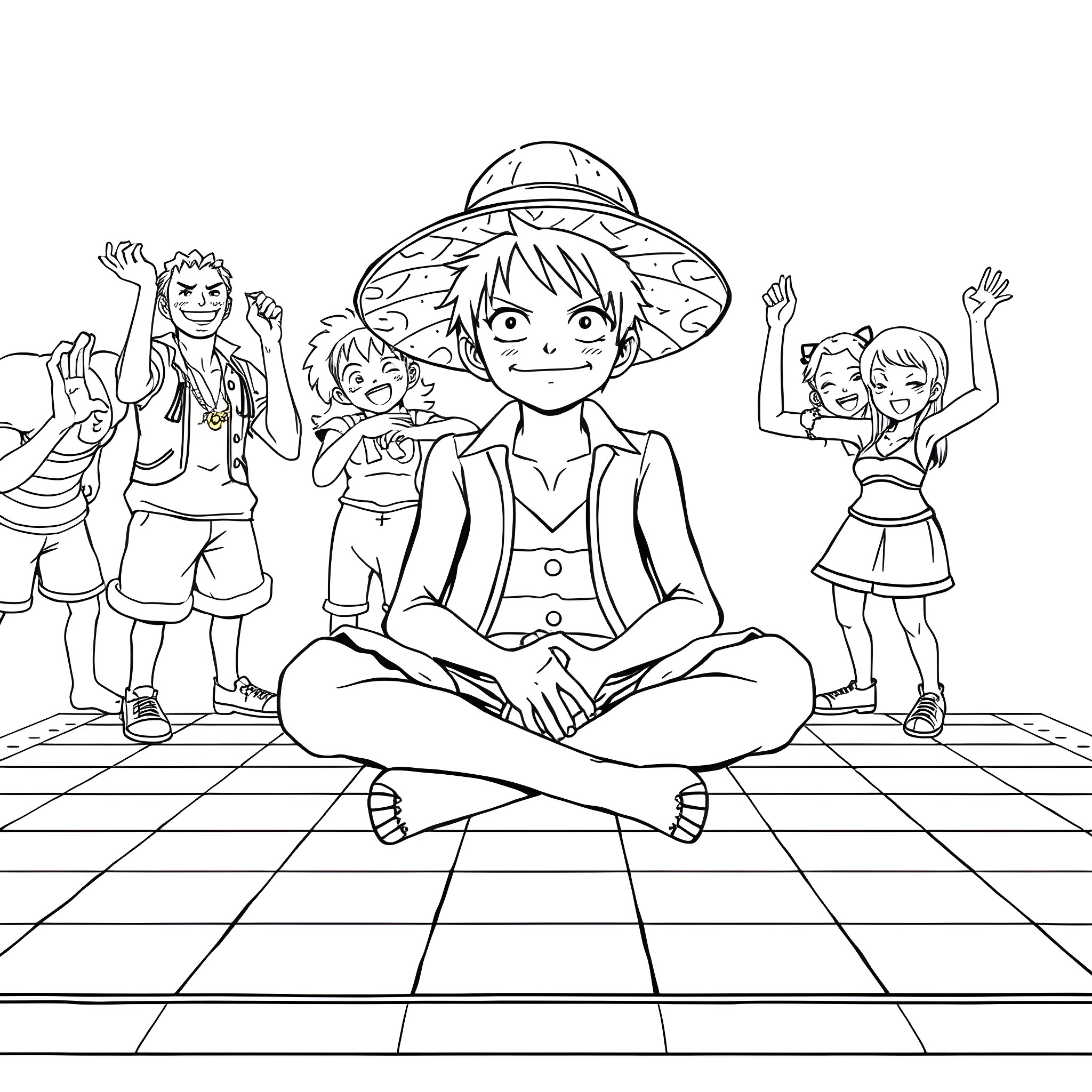 Luffy and friends enjoying the day together Coloring Page (free black-and-white line drawing printable PDF for all, from beginners to advanced learners, including children, teens, adults, and seniors)
