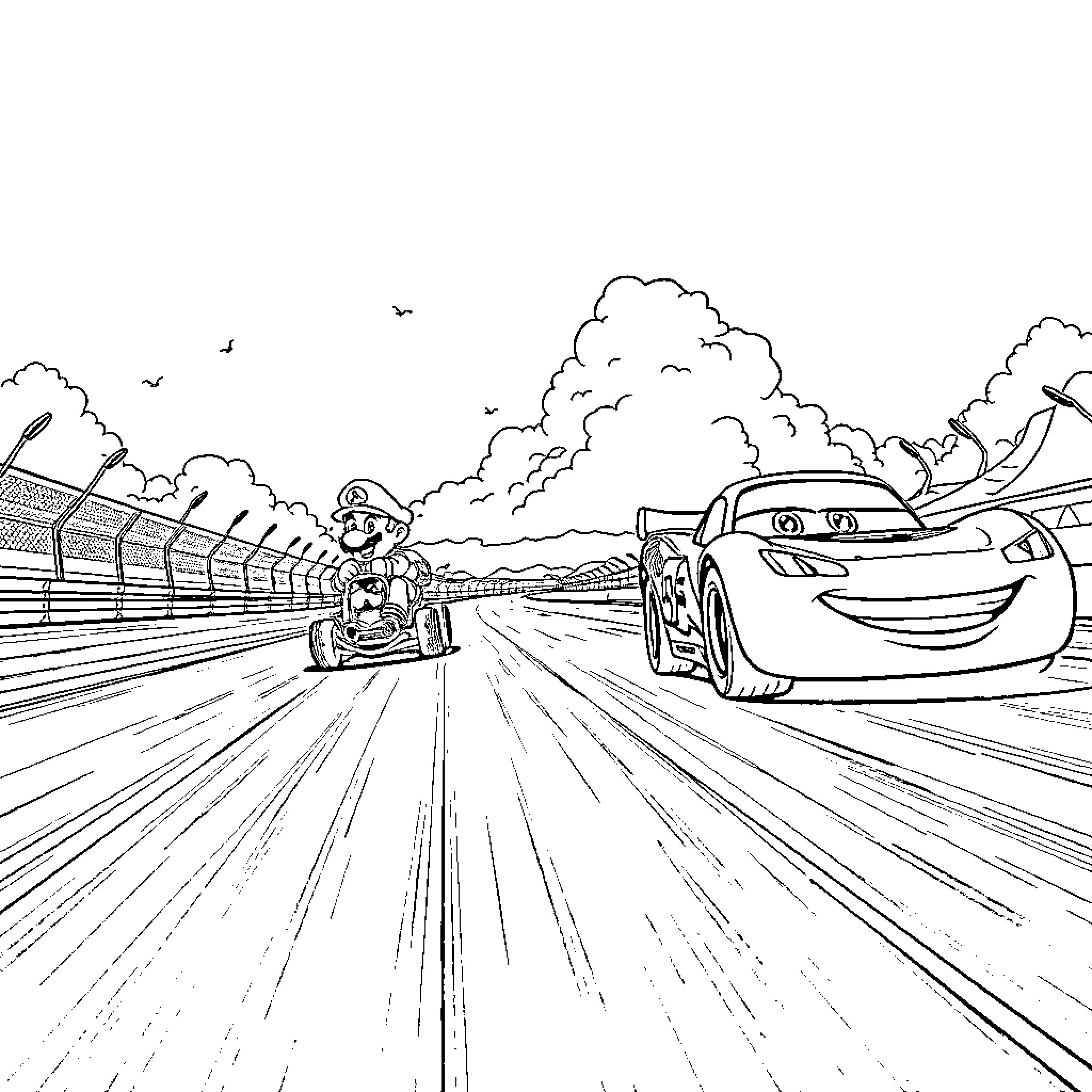 Mario Racing on High-Speed Track Coloring Page (free black-and-white line drawing printable PDF for all, from beginners to advanced learners, including children, teens, adults, and seniors)