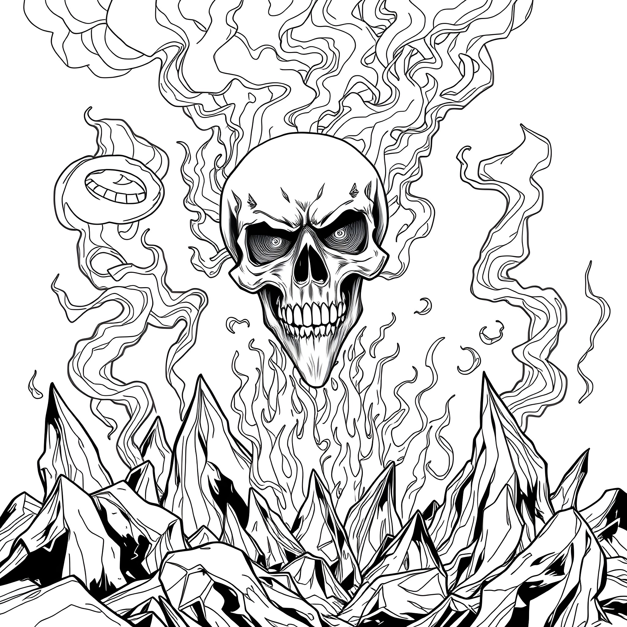Skull of Darkness Looming Over Rugged Landscape Coloring Page (free black-and-white line drawing printable PDF for all, from beginners to advanced learners, including children, teens, adults, and seniors)