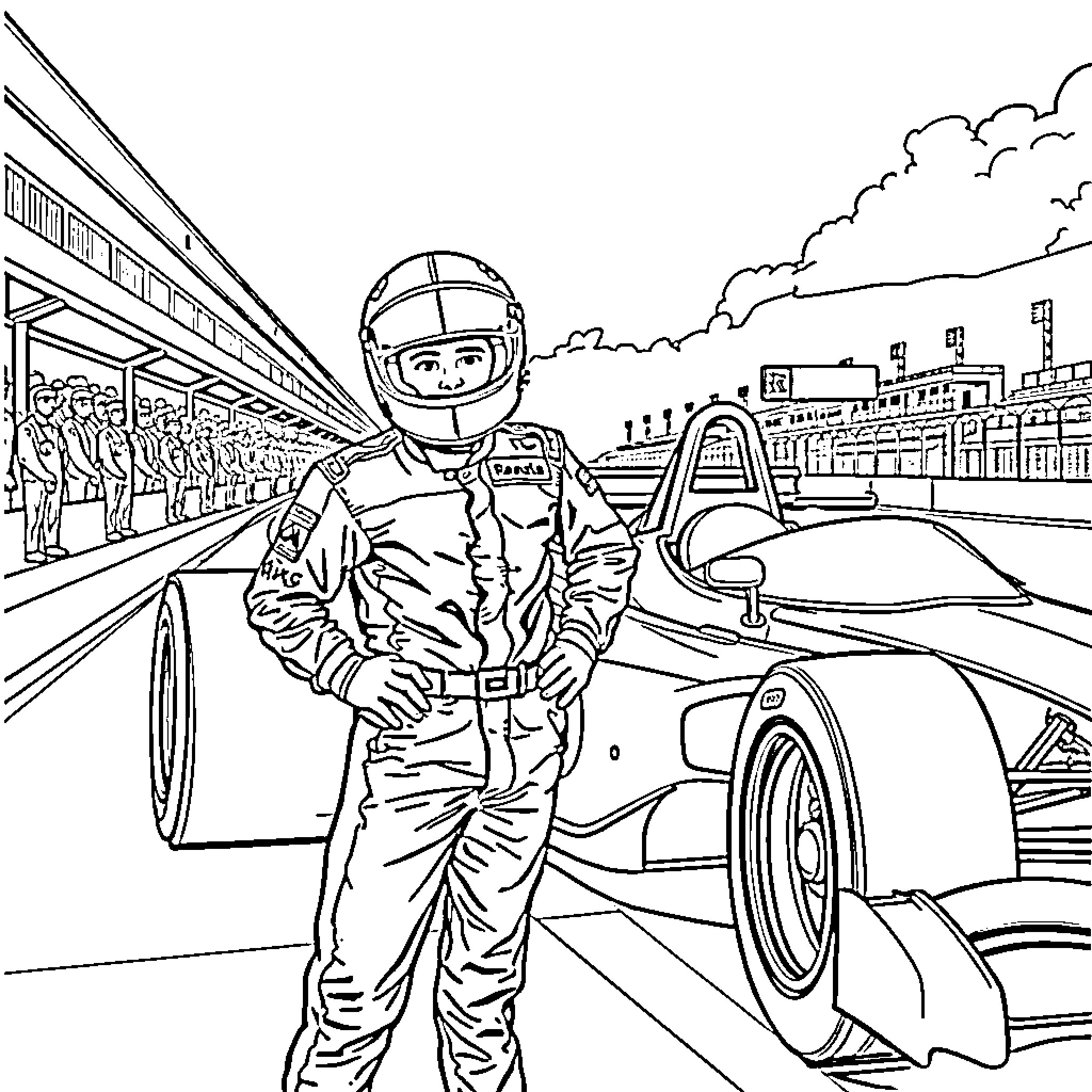Franco Colapinto preparing for a race in the pits Coloring Page (free black-and-white line drawing printable PDF for all, from beginners to advanced learners, including children, teens, adults, and seniors)