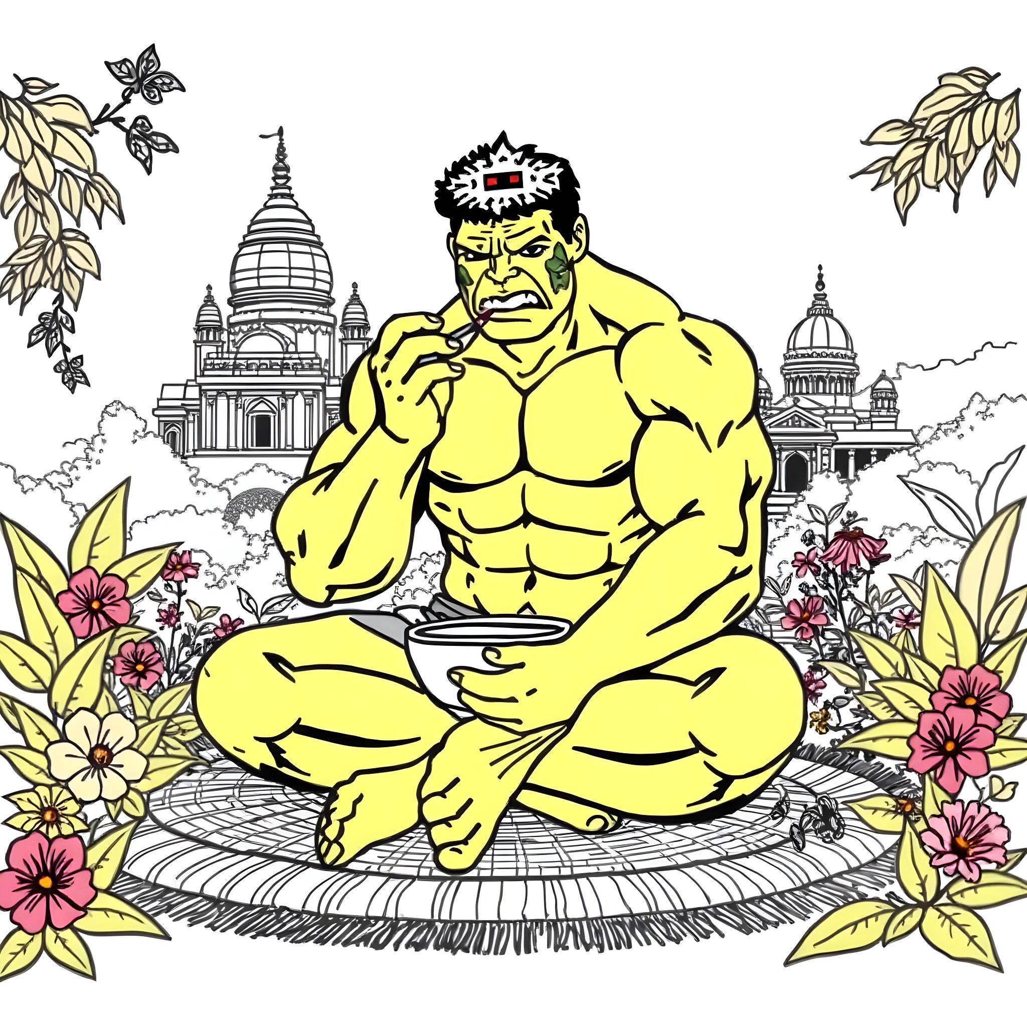 Hulk meditating in a serene garden setting Coloring Page (free black-and-white line drawing printable PDF for all, from beginners to advanced learners, including children, teens, adults, and seniors)