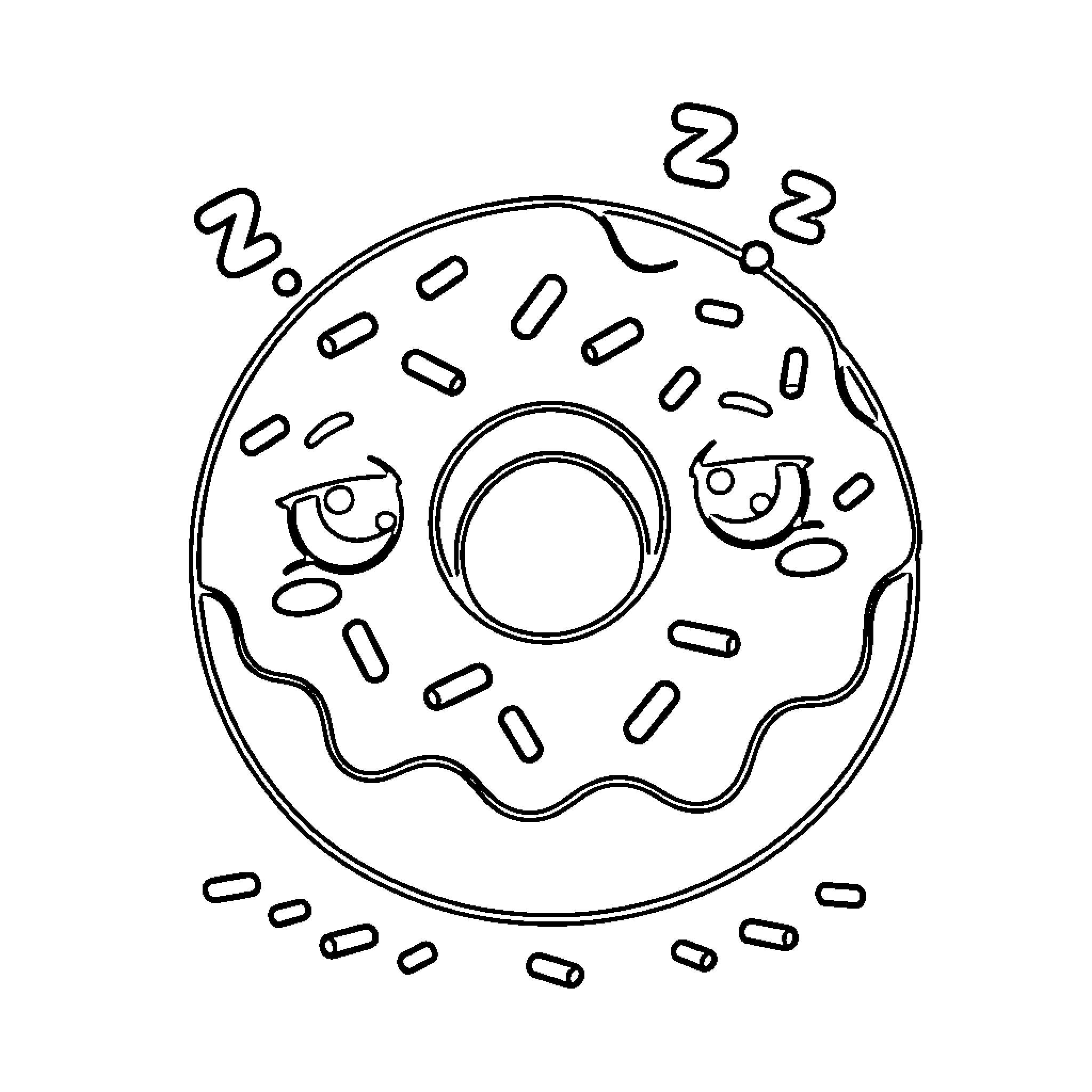 Donut with sleeping faces Coloring Page (free black-and-white line drawing printable PDF for all, from beginners to advanced learners, including children, teens, adults, and seniors)