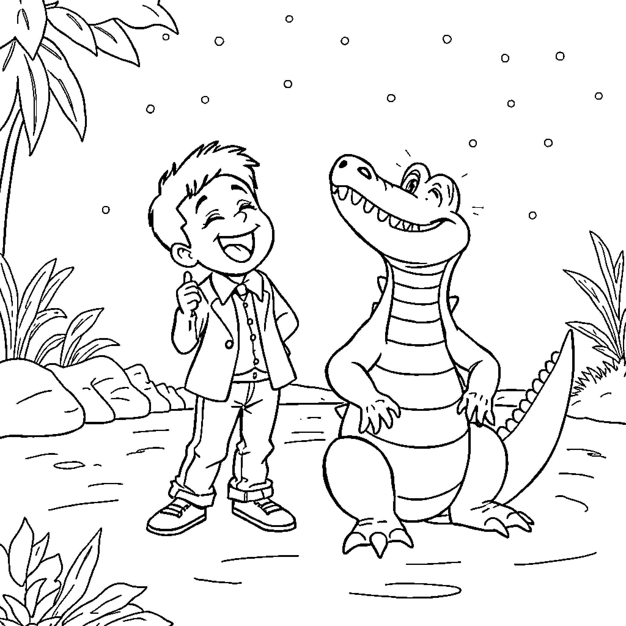 Johnny's Playful Encounter with a Friendly Dinosaur Coloring Page (free black-and-white line drawing printable PDF for all, from beginners to advanced learners, including children, teens, adults, and seniors)