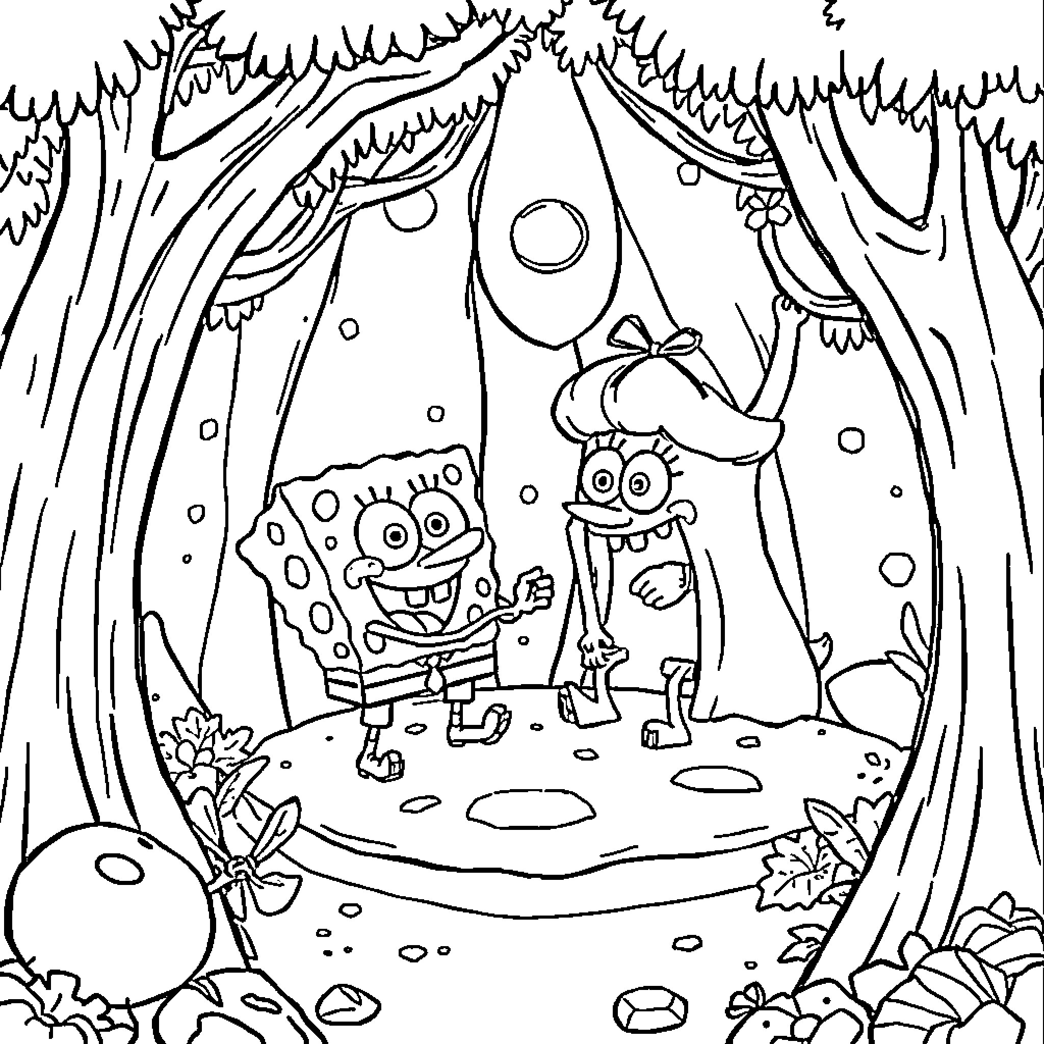 Spongebob and Patrick exploring the forest Coloring Page (free black-and-white line drawing printable PDF for all, from beginners to advanced learners, including children, teens, adults, and seniors)