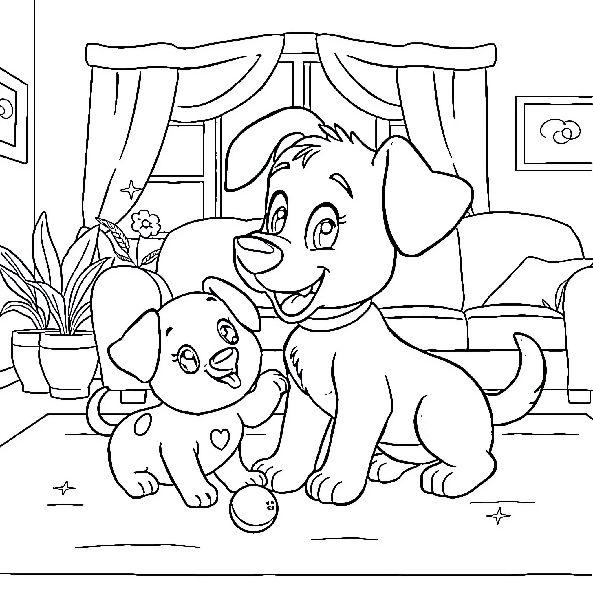 Bluey and her puppy friend playing happily indoors Coloring Page (free black-and-white line drawing printable PDF for all, from beginners to advanced learners, including children, teens, adults, and seniors)