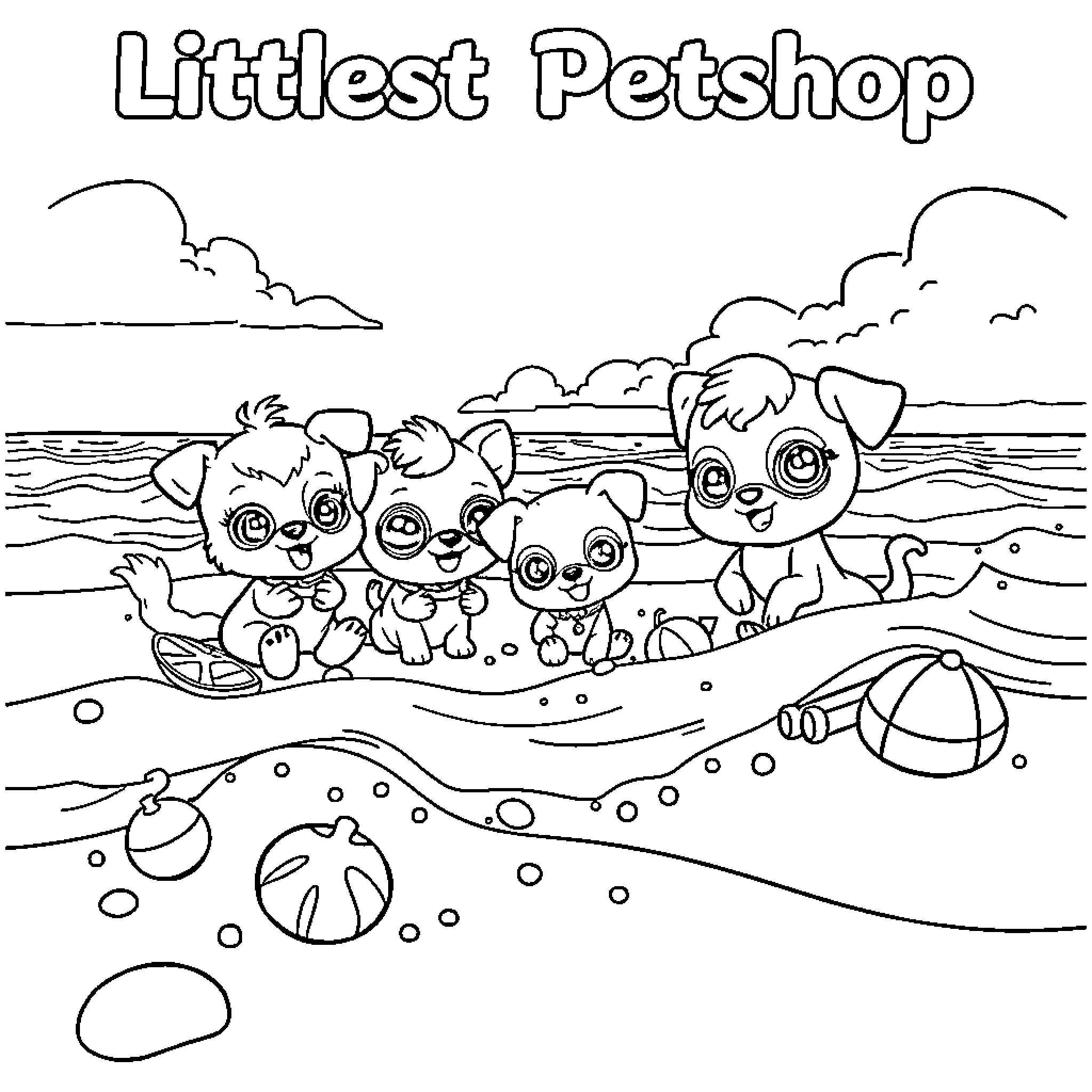 Petshop animals playing at the beach Coloring Page (free black-and-white line drawing printable PDF for all, from beginners to advanced learners, including children, teens, adults, and seniors)