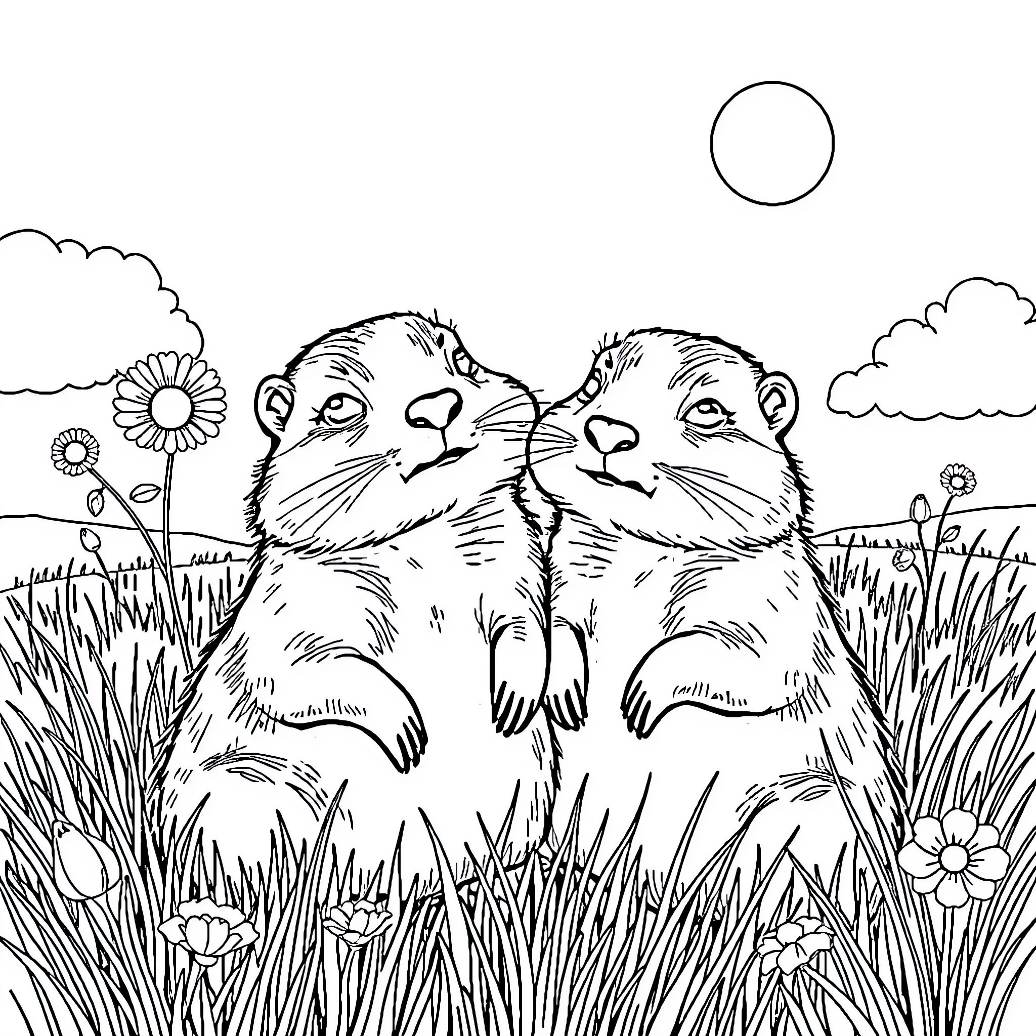 Prairie Dogs Enjoying the Sunny Day Coloring Page (free black-and-white line drawing printable PDF for all, from beginners to advanced learners, including children, teens, adults, and seniors)
