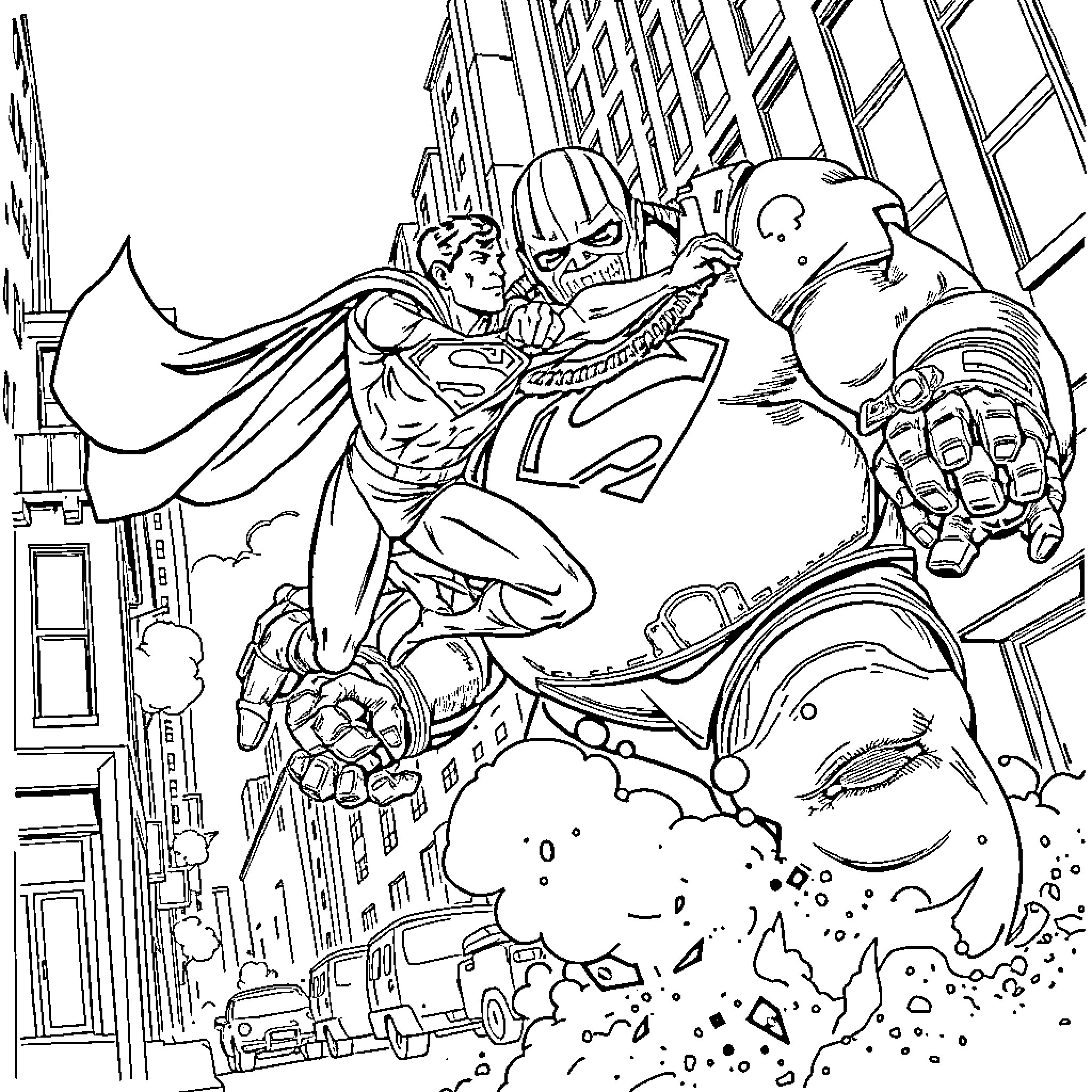 Superman battles a giant robot in the city Coloring Page (free black-and-white line drawing printable PDF for all, from beginners to advanced learners, including children, teens, adults, and seniors)