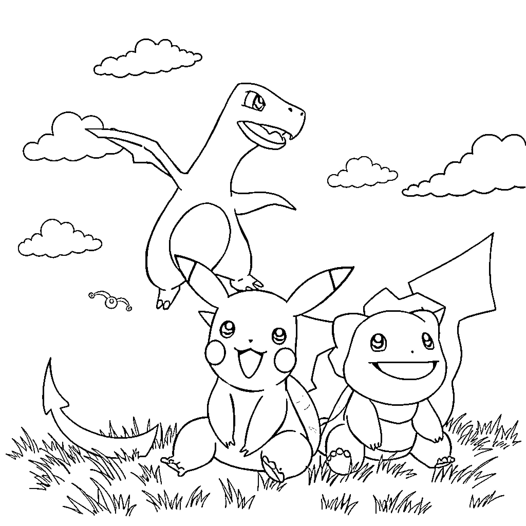 Pokémon characters exploring the outdoors Coloring Page (free black-and-white line drawing printable PDF for all, from beginners to advanced learners, including children, teens, adults, and seniors)
