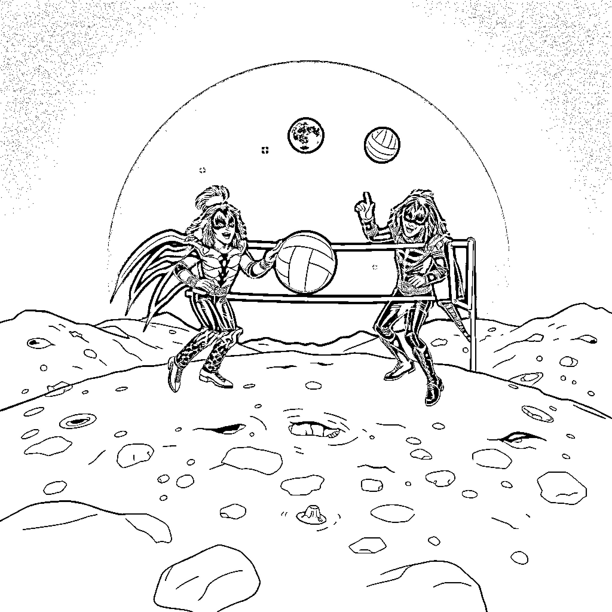 Band of characters playing volleyball in a desert-like setting Coloring Page (free black-and-white line drawing printable PDF for all, from beginners to advanced learners, including children, teens, adults, and seniors)