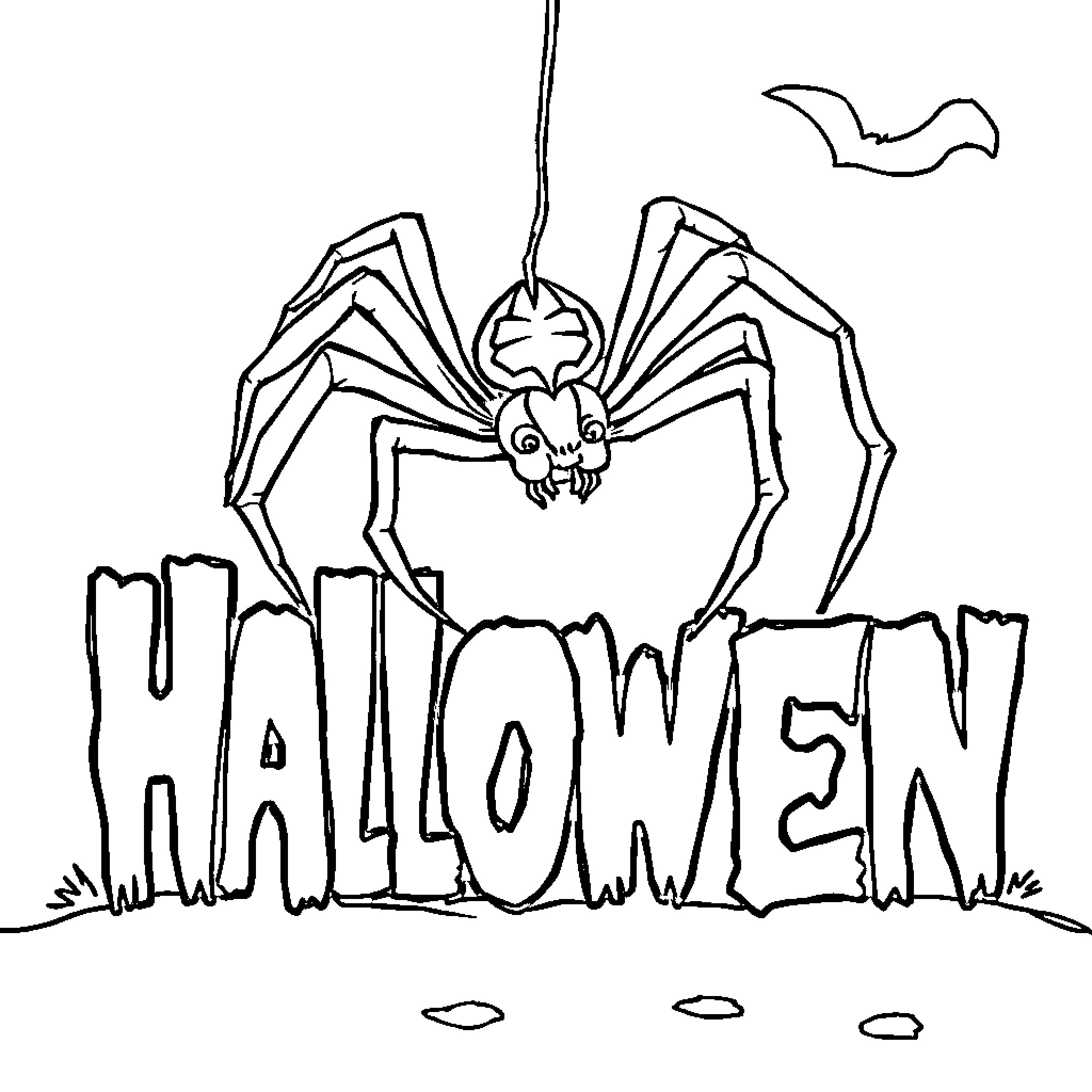 Spider scaring visitors on Halloween night Coloring Page (free black-and-white line drawing printable PDF for all, from beginners to advanced learners, including children, teens, adults, and seniors)
