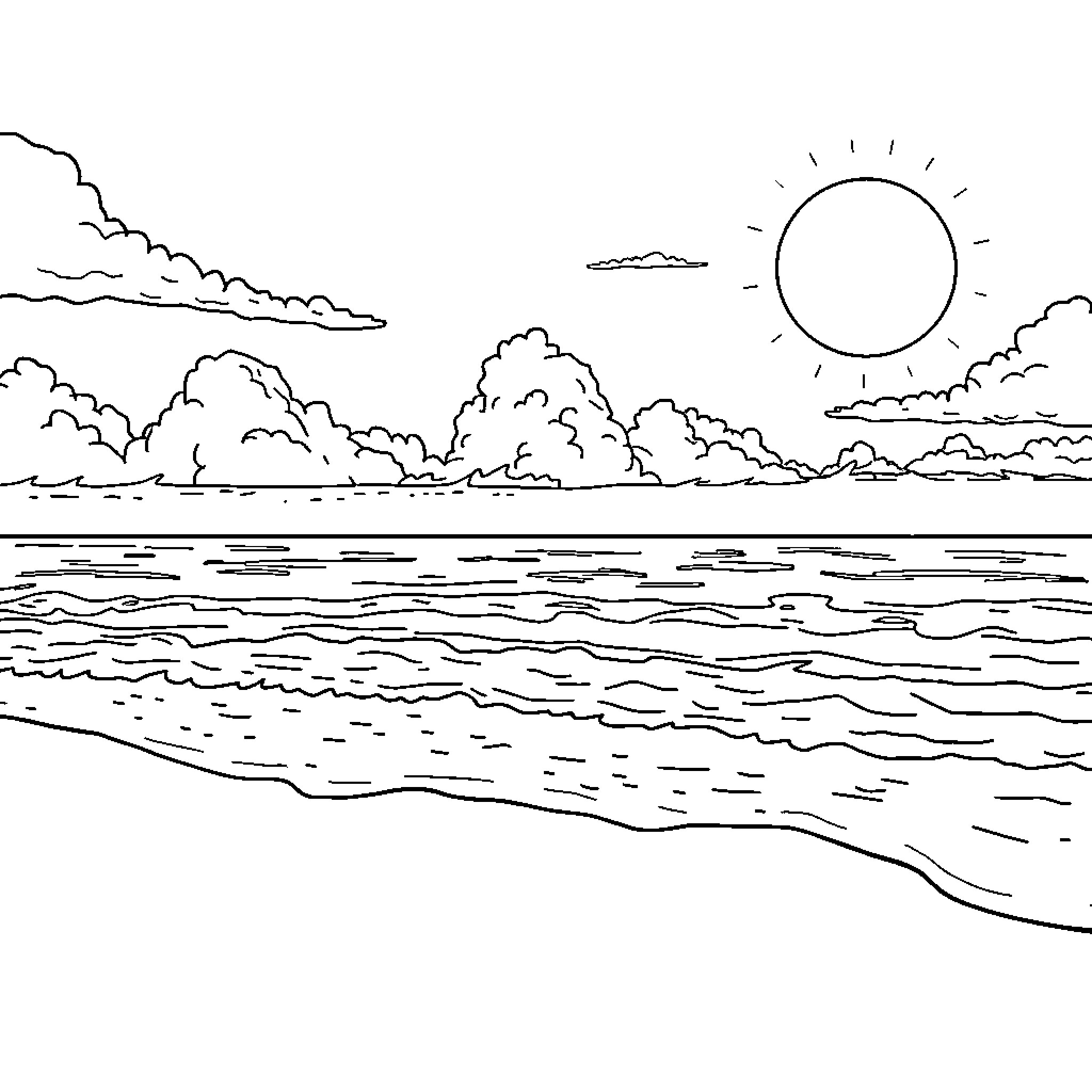 Beach scene with clouds and sun Coloring Page (free black-and-white line drawing printable PDF for all, from beginners to advanced learners, including children, teens, adults, and seniors)