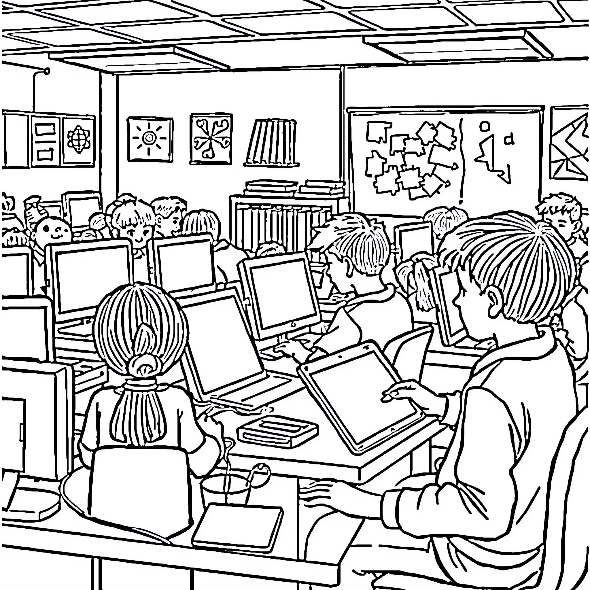 Technology-enabled learning in a classroom environment Coloring Page (free black-and-white line drawing printable PDF for all, from beginners to advanced learners, including children, teens, adults, and seniors)